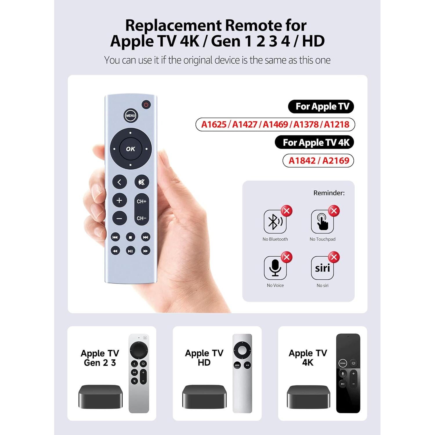 Control Remoto Universal PZL para Apple TV 4K/HD - Sin Voz
