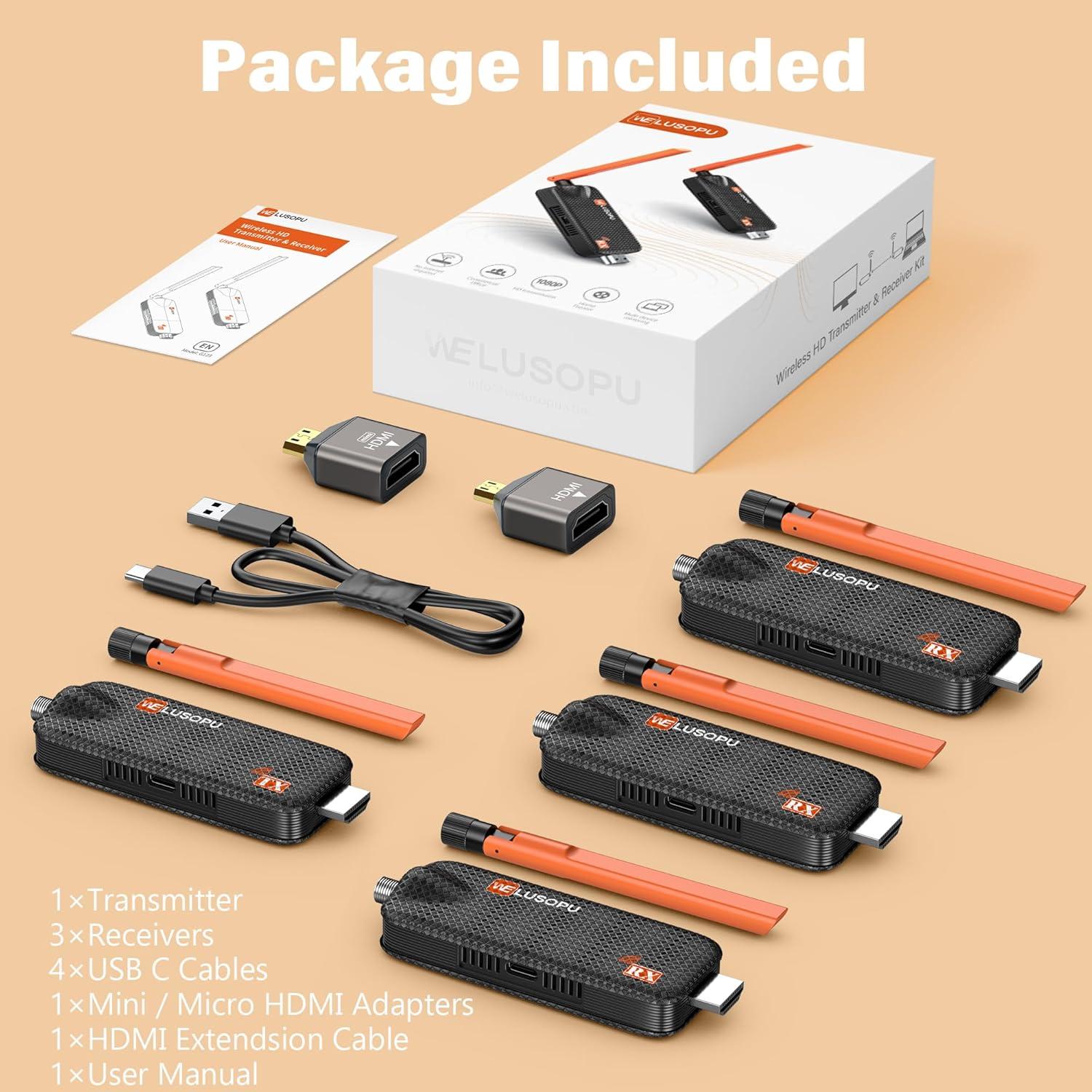 Transmisor HDMI Inalámbrico WELUSOPU 1TX+3RX 50m 4K/1080p