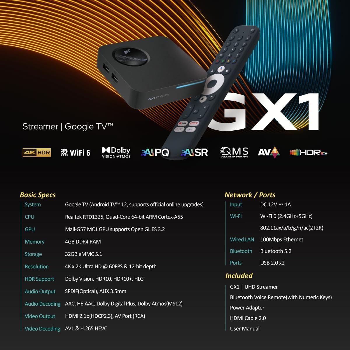 RockTek GX1 - Streaming 4K UHD con Google TV, HDR y Dolby Atmos
