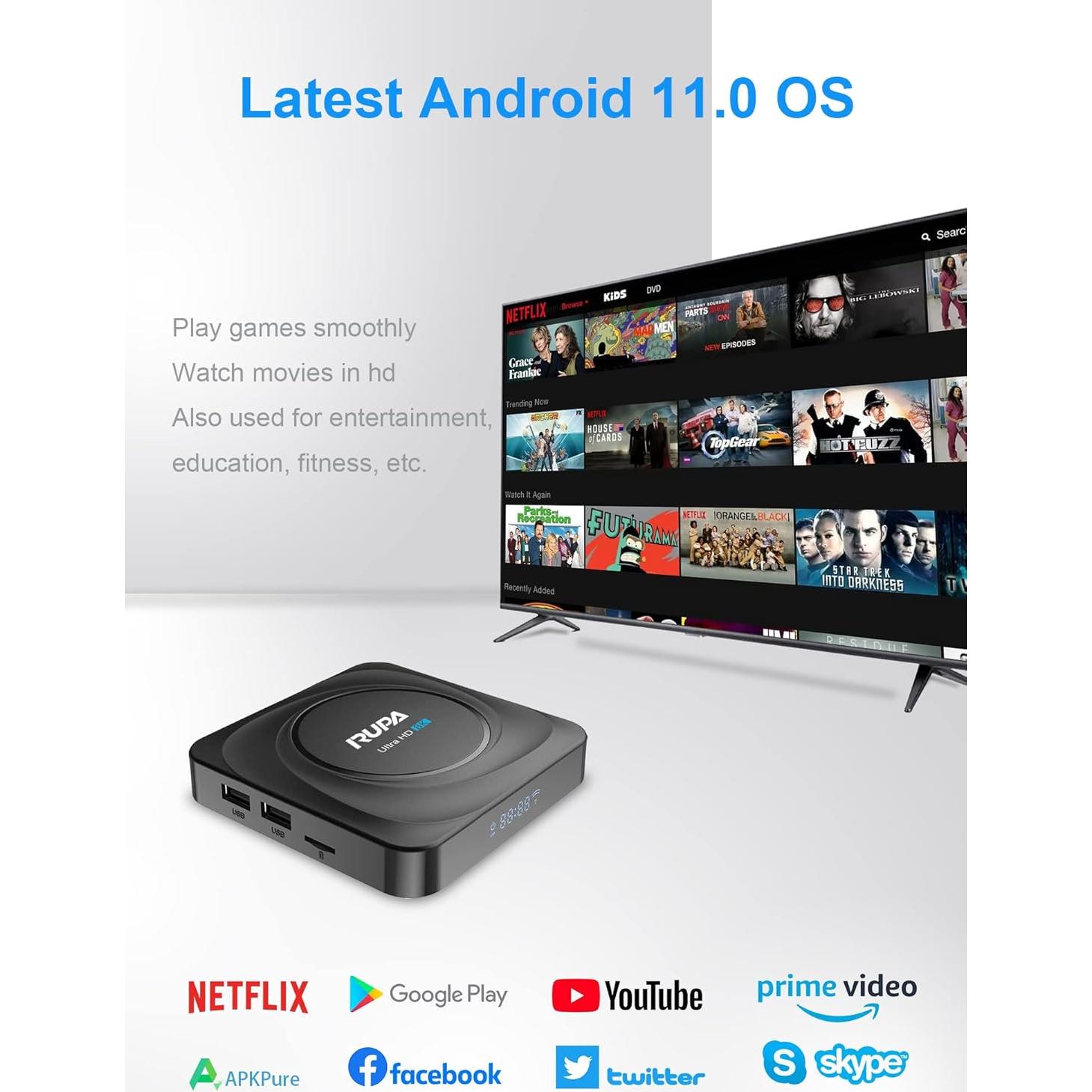 RUPA Android TV Box 11.0 8GB RAM 128GB ROM 8K HDR - Negro
