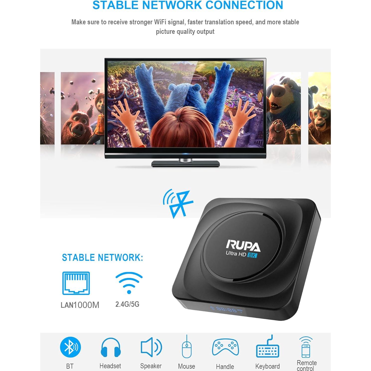 RUPA Android TV Box 11.0 8GB RAM 128GB ROM 8K HDR - Negro