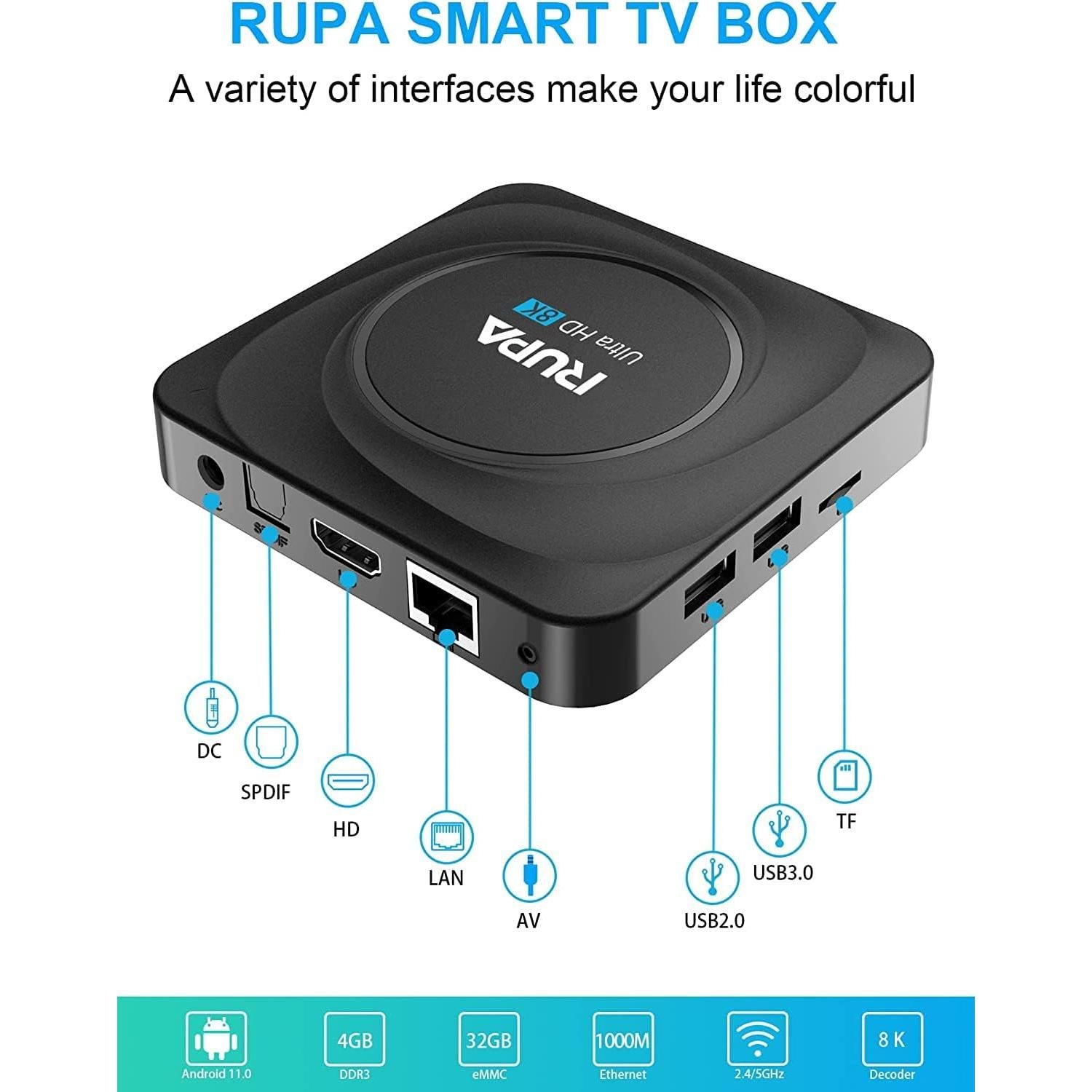 RUPA Android TV Box 11.0 8GB RAM 128GB ROM 8K HDR - Negro