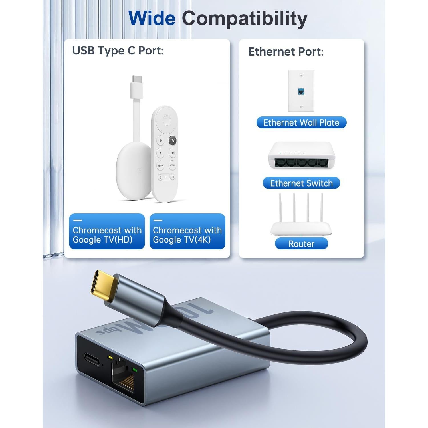 Adaptador Ethernet ZEXMTE 1000Mbps USB-C a RJ45 para Chromecast