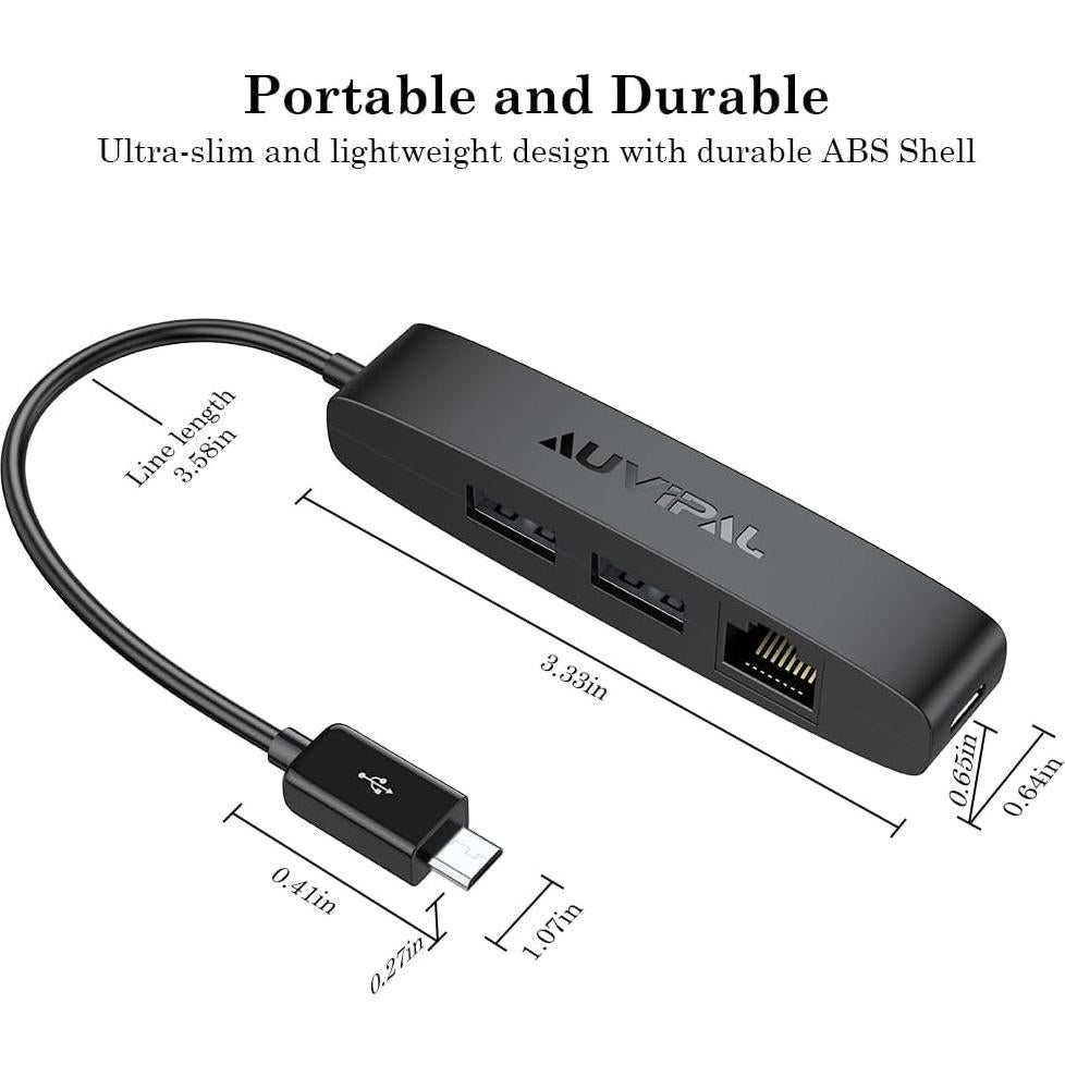 Adaptador Ethernet Micro USB 3-en-1 AuviPal con 2 USB y RJ45