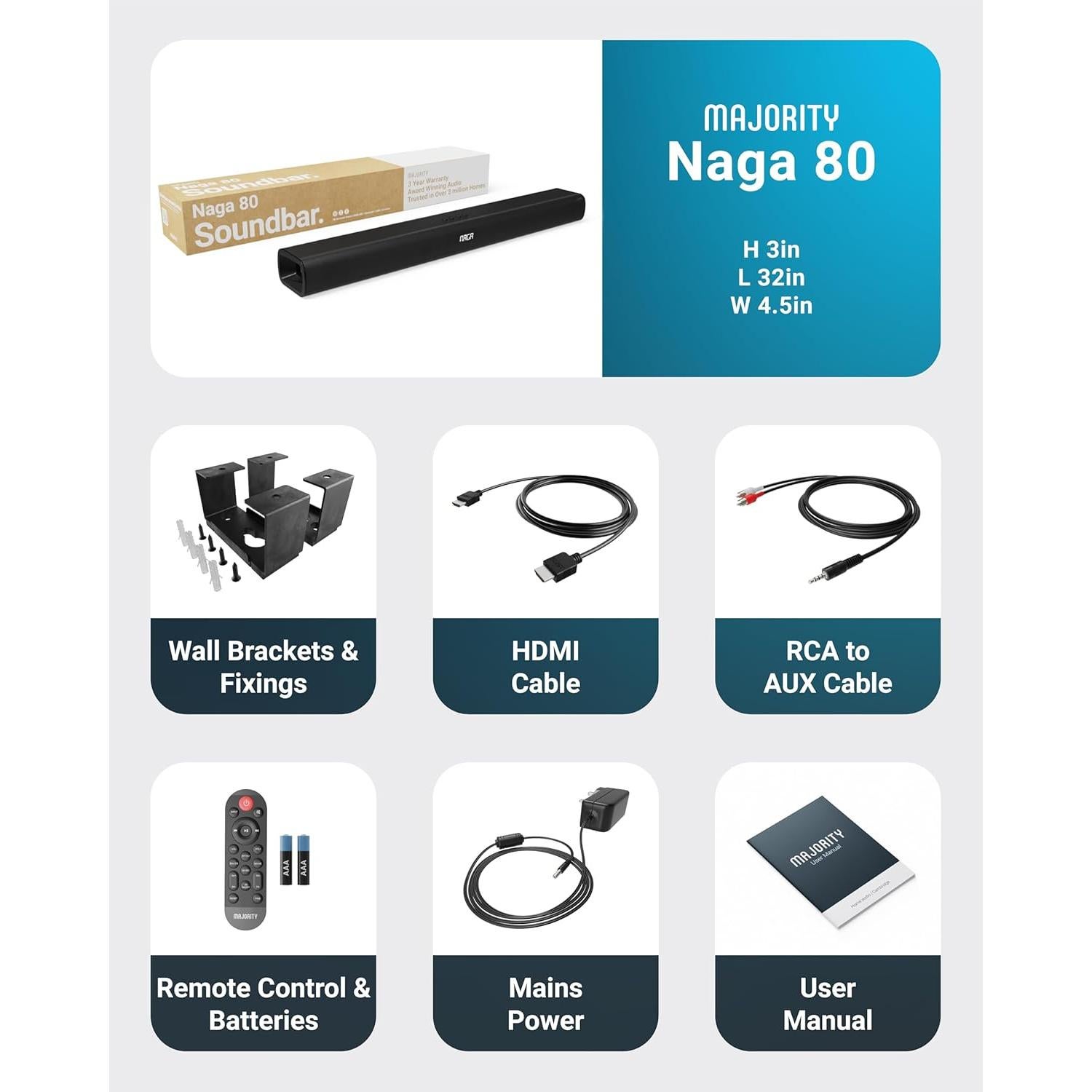 Barra de Sonido Inalámbrica Majority Naga 80 140W 2.1 HDMI
