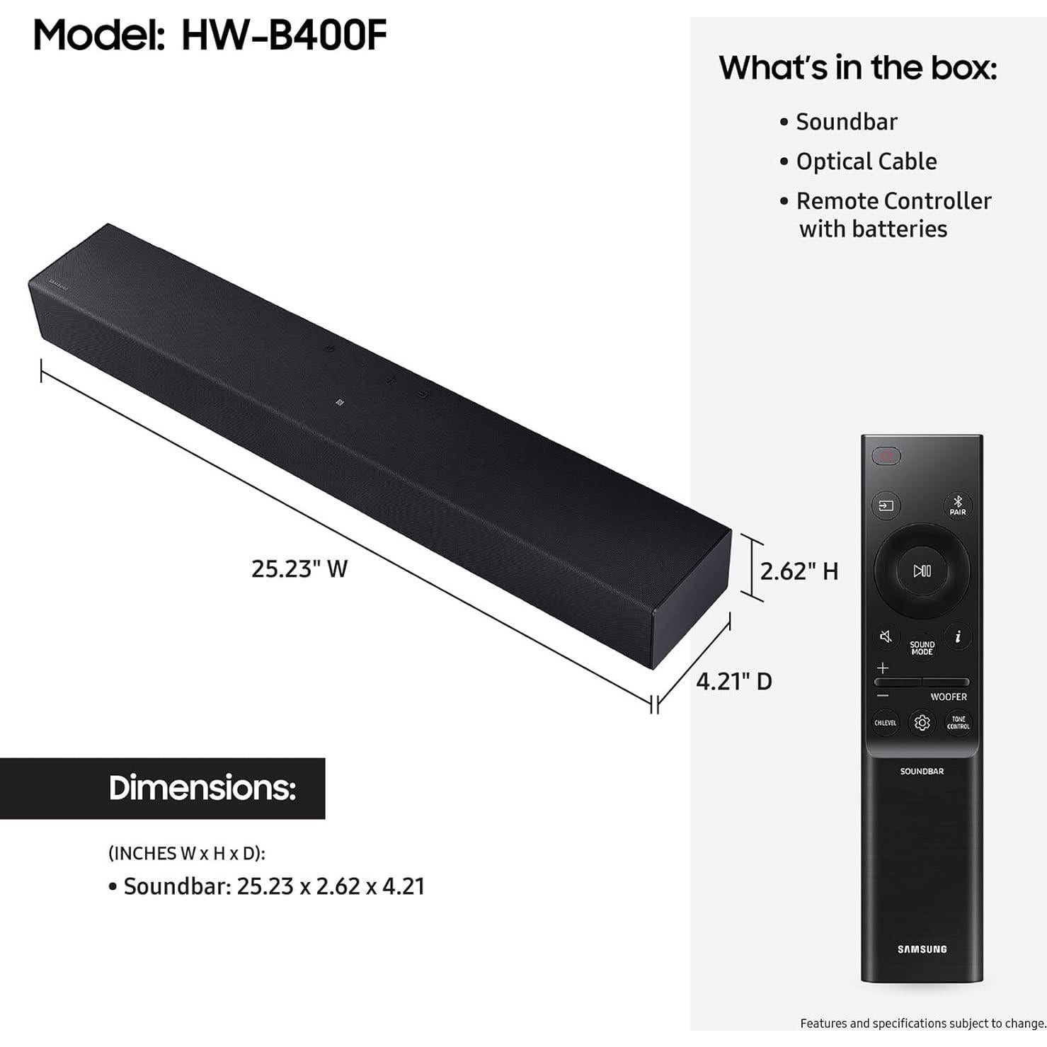 Barra de sonido Samsung HW-B400F 2.0 ch con subwoofer