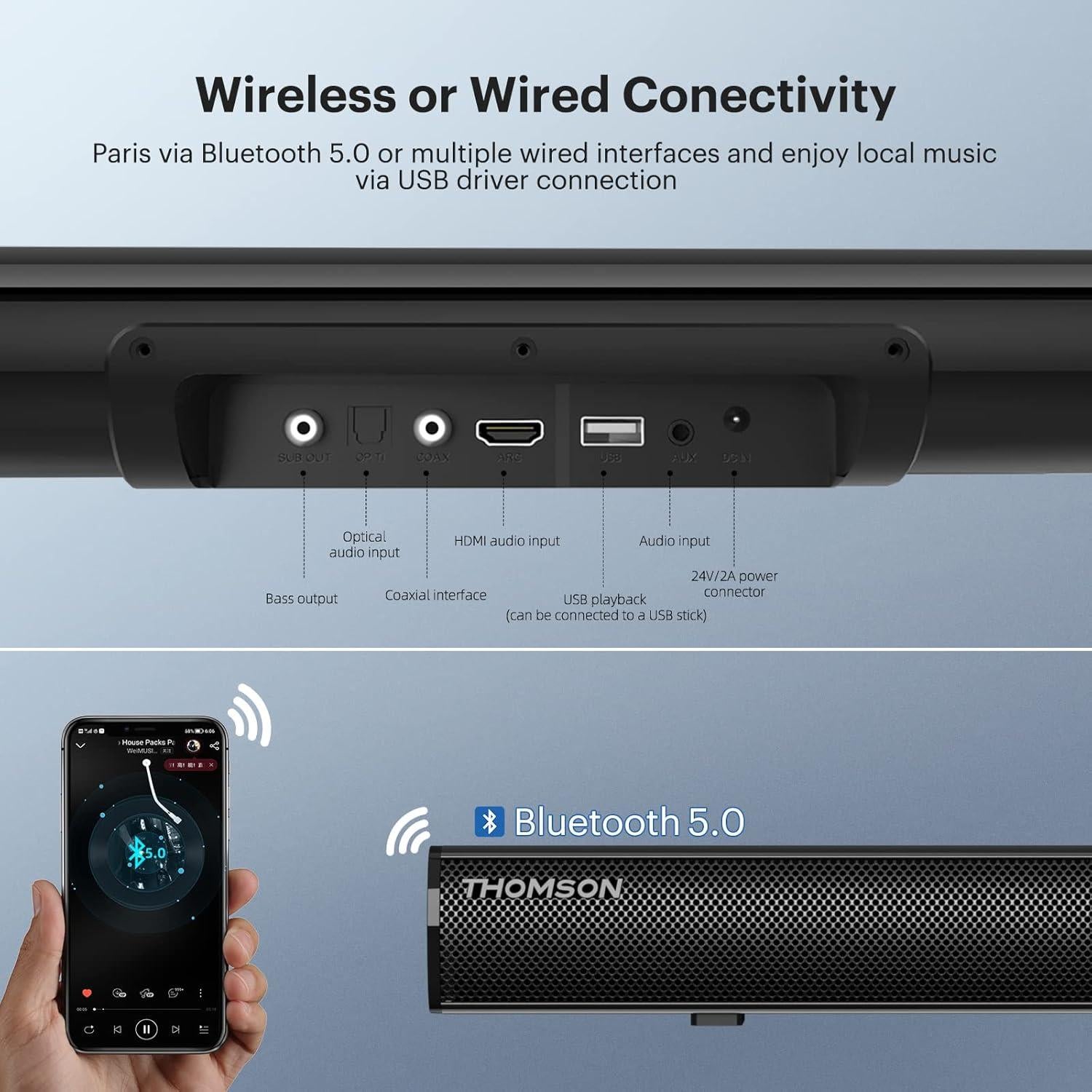 Barra de Sonido THOMSON B202 89 cm Bluetooth 5.0 2.1 Canales