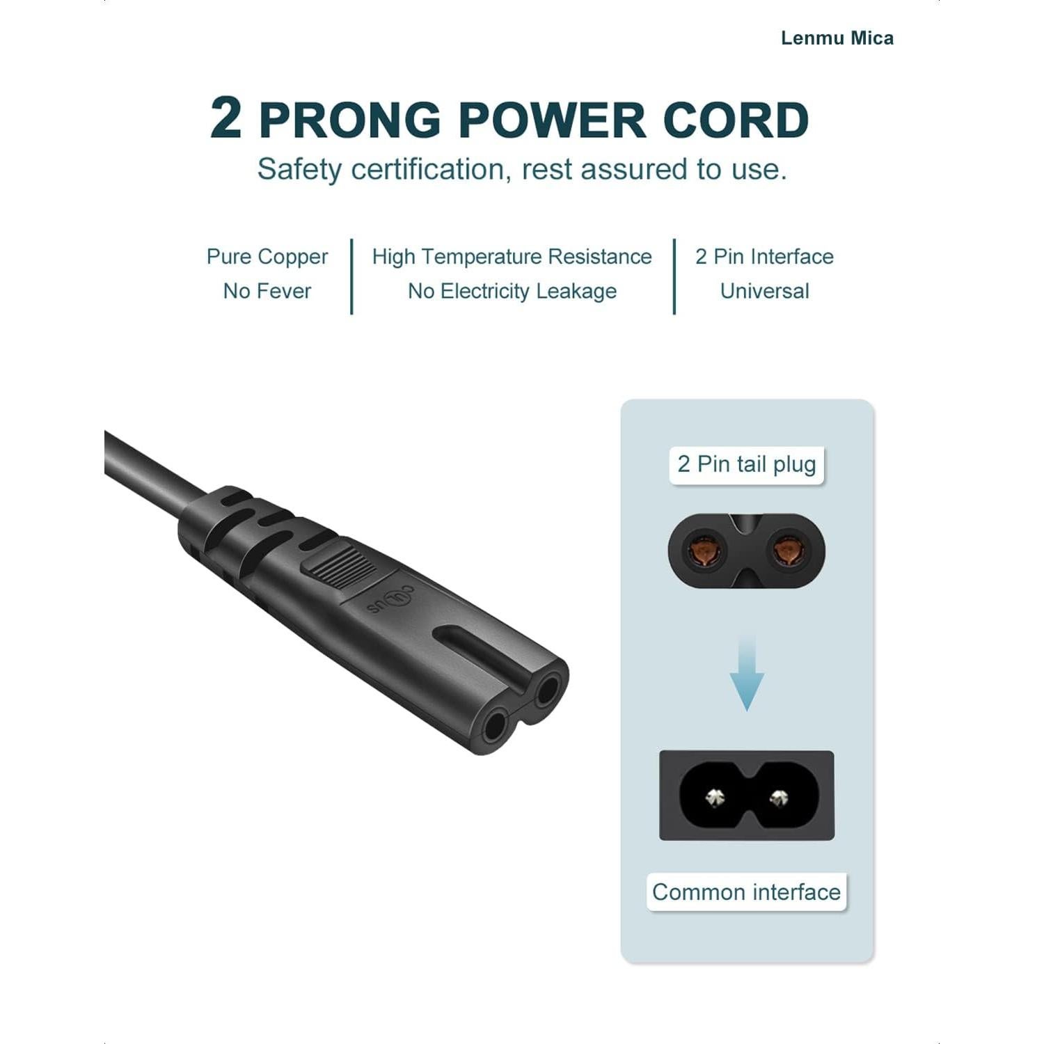 Cable de Alimentación CA 1.83m Lenmu Mica para Altavoces y Barras de Sonido