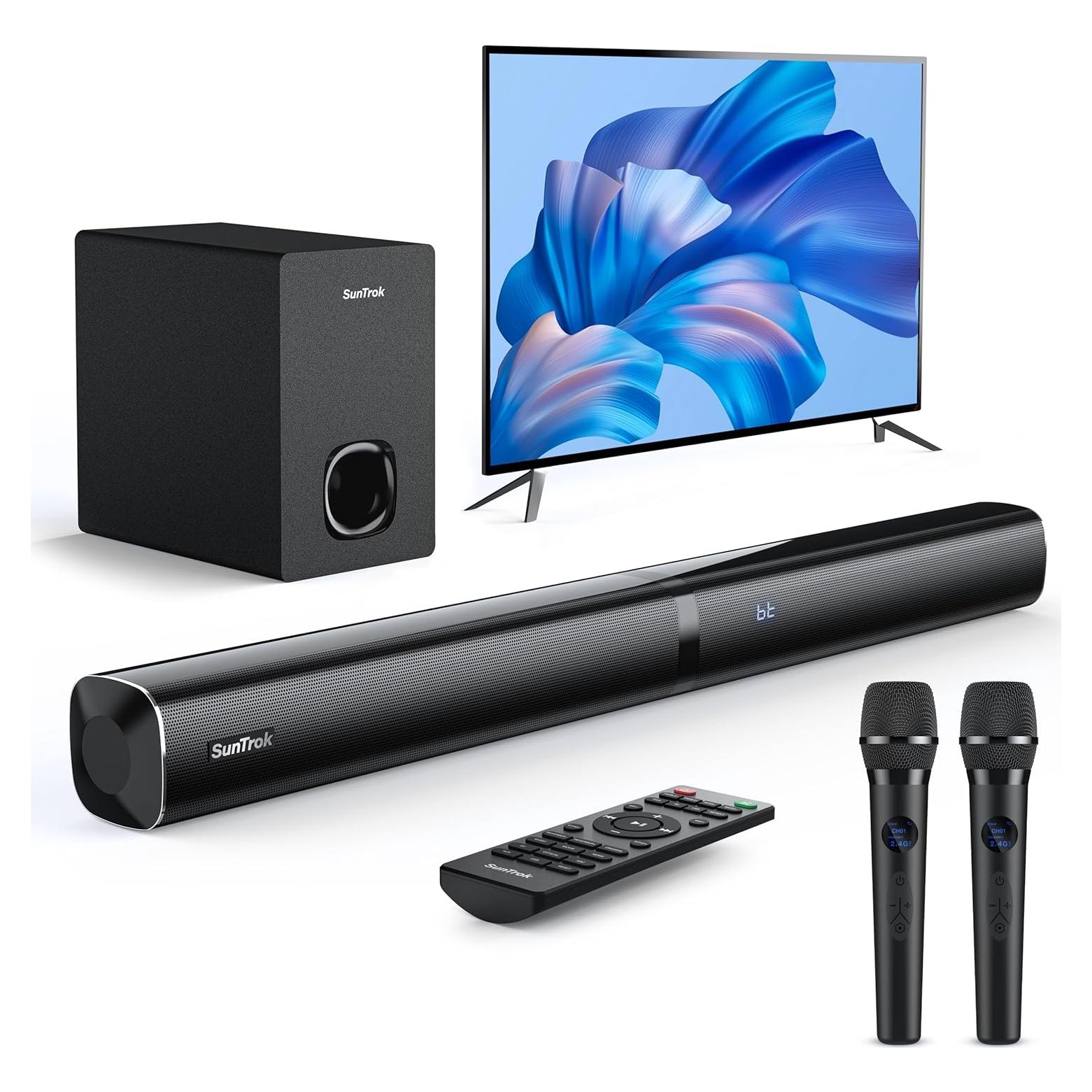 Barra de Sonido Karaoke 80W con Subwoofer y 2 Micrófonos