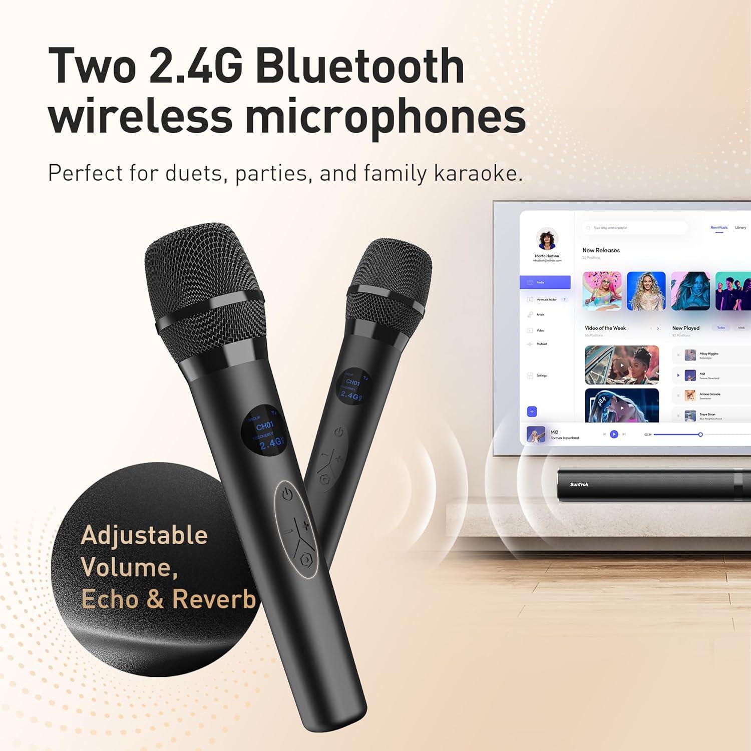 Barra de Sonido Karaoke 80W con Subwoofer y 2 Micrófonos