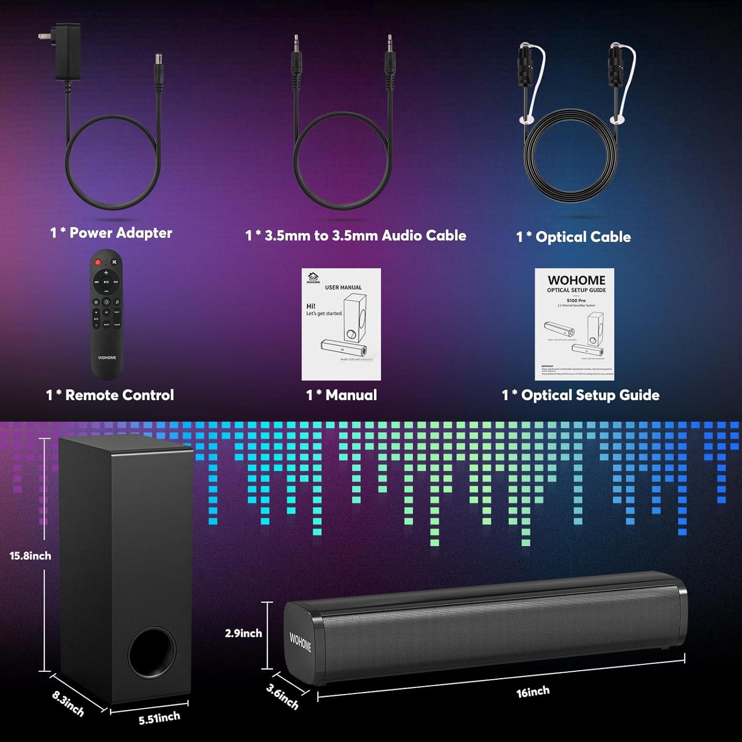 Barra de Sonido Wohome S100 Pro 2.1 con Subwoofer 40W y Bluetooth 5.3