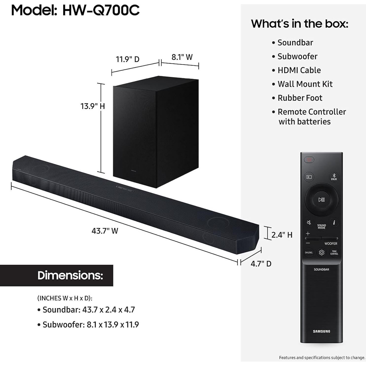 Barra de Sonido Samsung HW-Q700C 3.1.2ch Dolby Atmos Inalámbrica