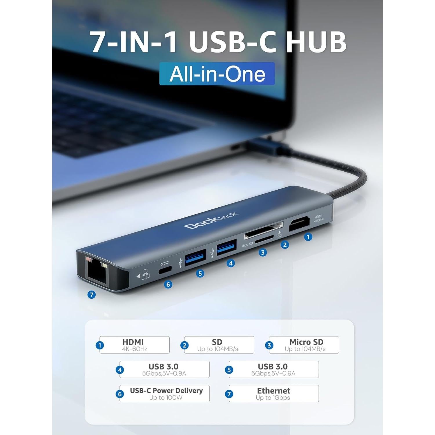 Dockteck Hub USB-C 7-en-1 con HDMI 4K, Ethernet 1Gbps