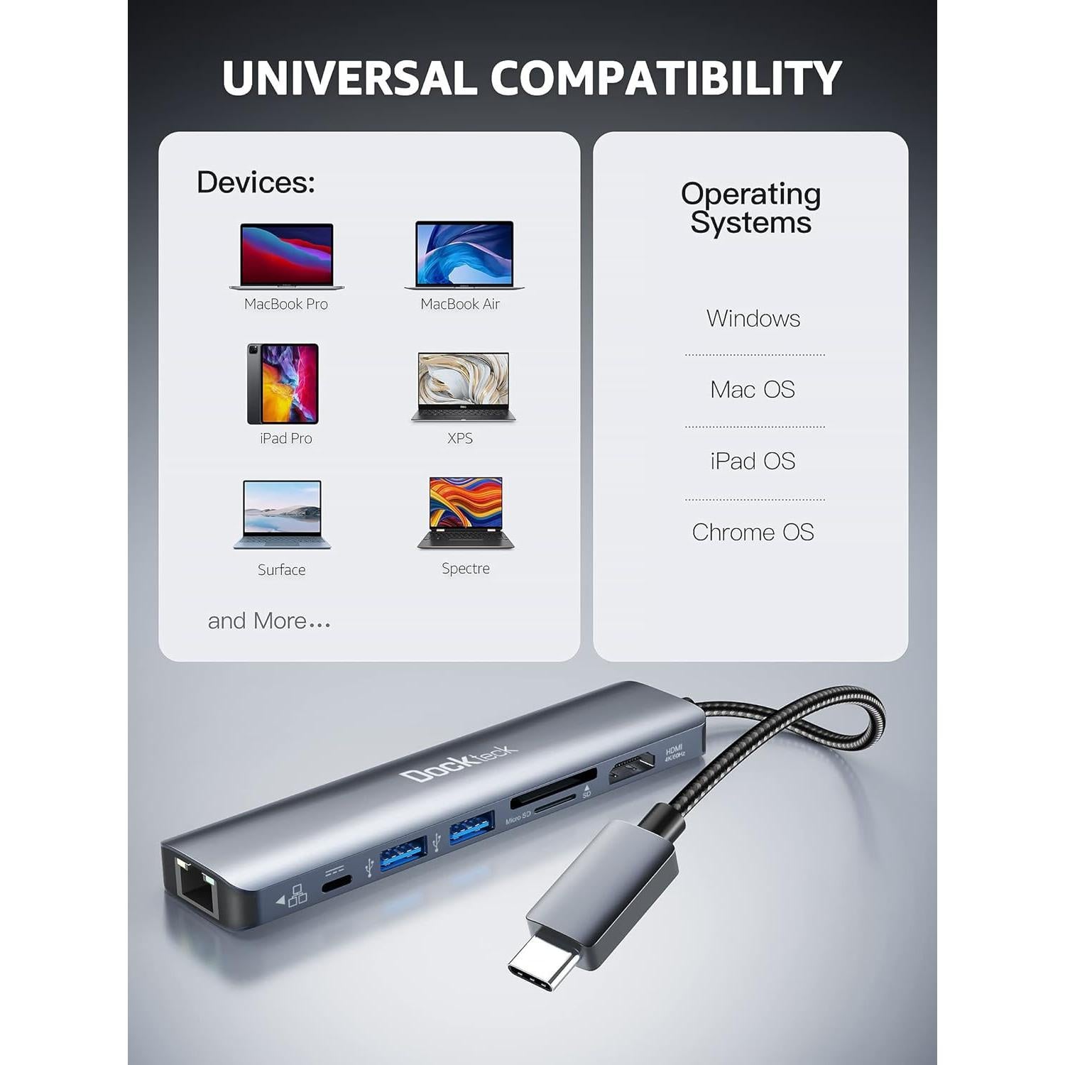 Dockteck Hub USB-C 7-en-1 con HDMI 4K, Ethernet 1Gbps