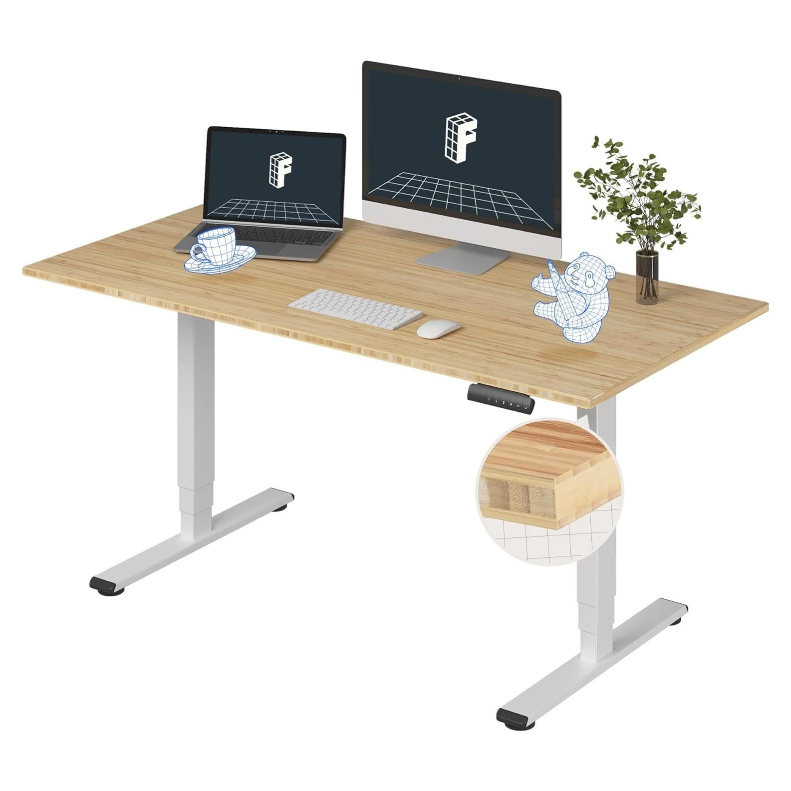 FLEXISPOT E6 Essential Bamboo 3 Stages Dual Motor 60x30 Inch Electric Height Adjustable Standing Whole-Piece Board Desk Sit Stand Up Desk (White Frame + Bamboo Desktop)