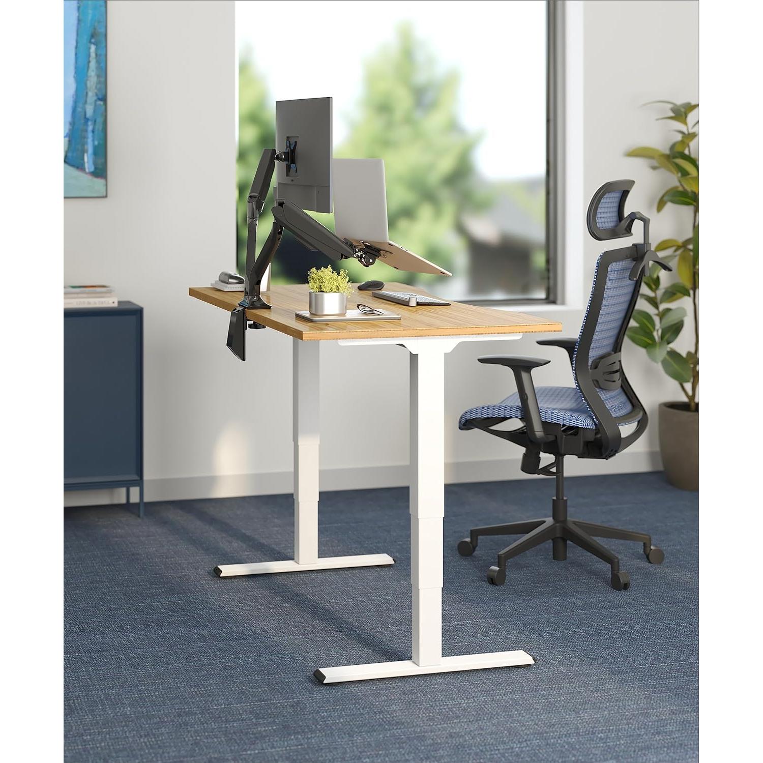 FLEXISPOT E6 Essential Bamboo 3 Stages Dual Motor 60x30 Inch Electric Height Adjustable Standing Whole-Piece Board Desk Sit Stand Up Desk (White Frame + Bamboo Desktop)