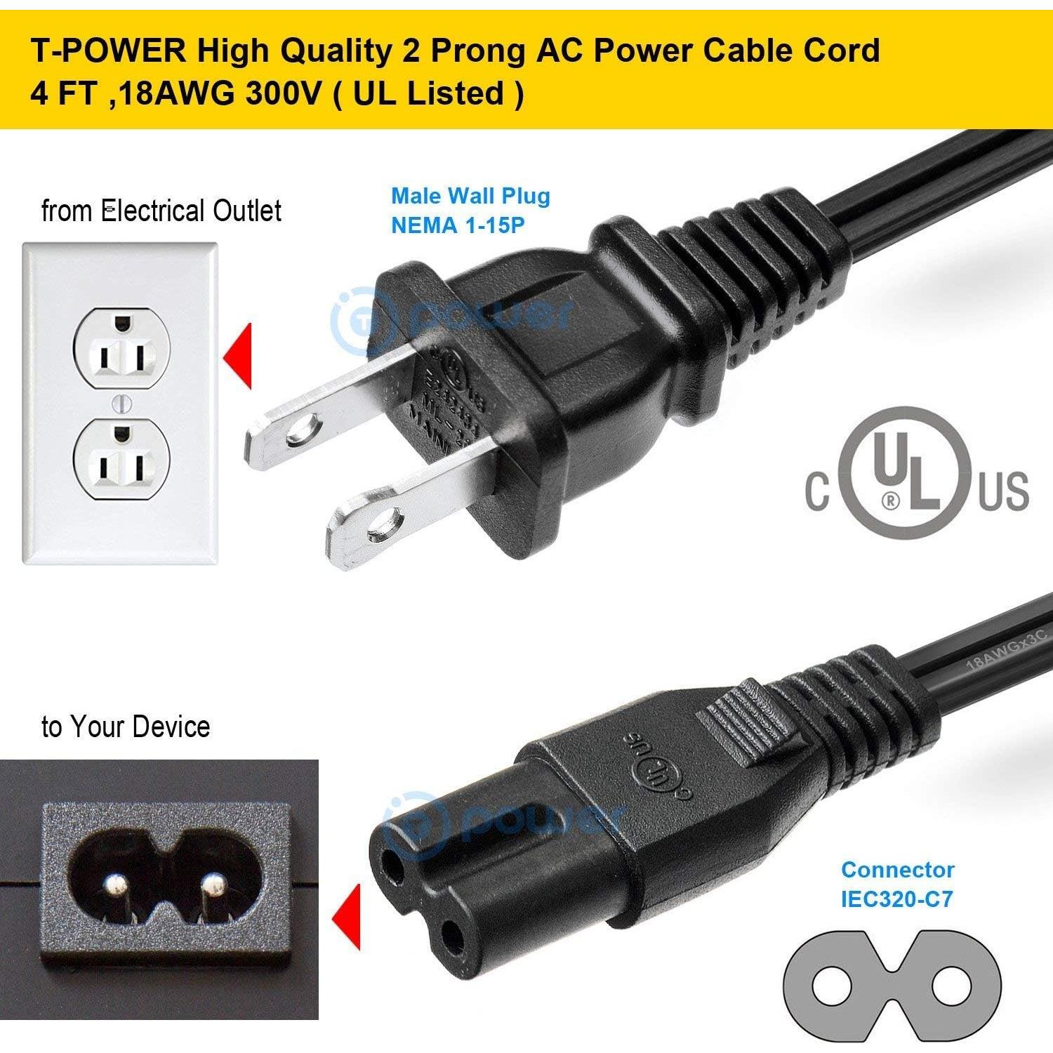 Cable de Alimentación T POWER 2 Prong 1.2m para Proyector y TV
