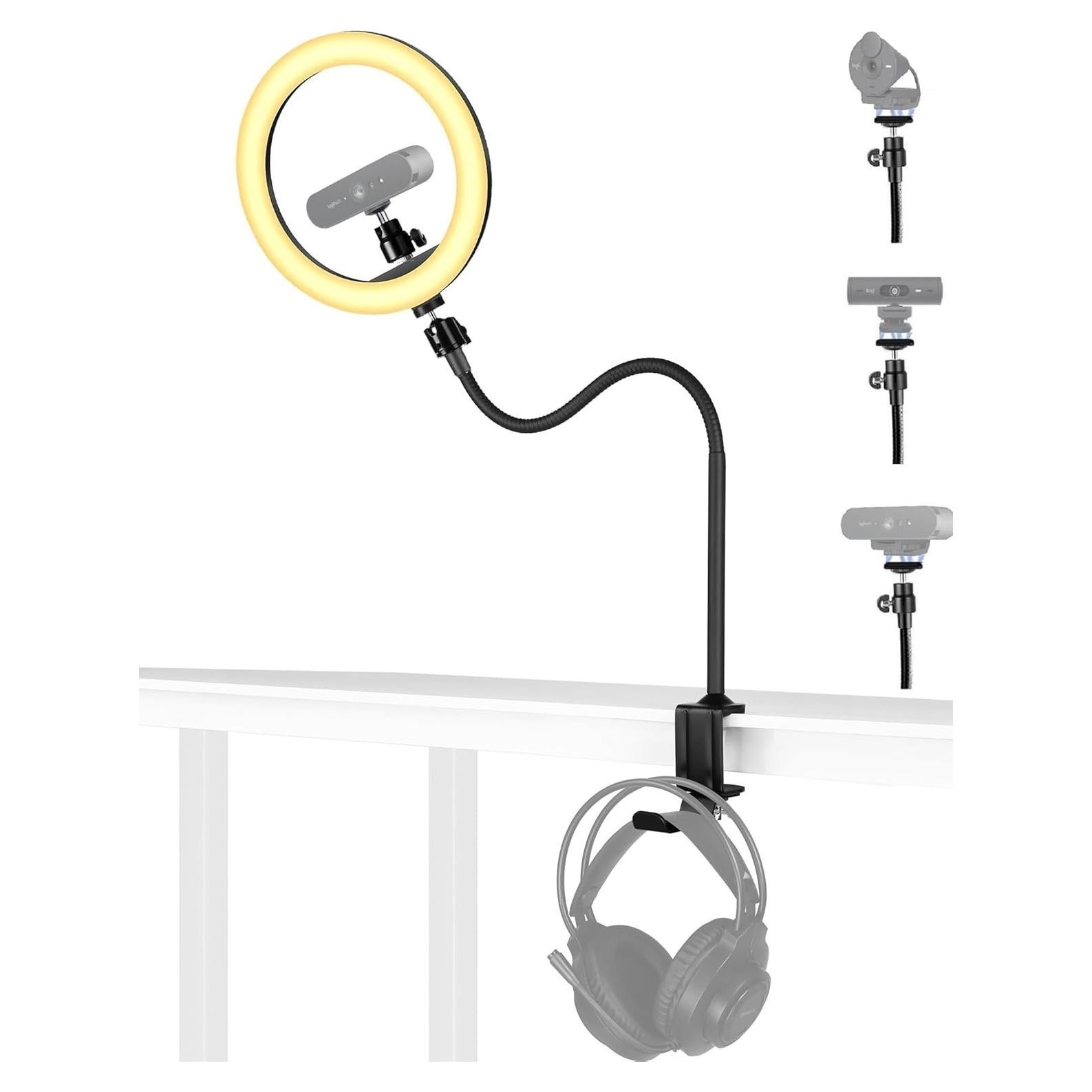 Brio Webcam Ring Light Stand, 24-inch Arm Clamp Mount Magnetic Holder with 10-inch Selfie Light and Headphone Hook Compatible with Logitech Brio 100 101,301 300,500,Brio 4K,C270,C310 webcams