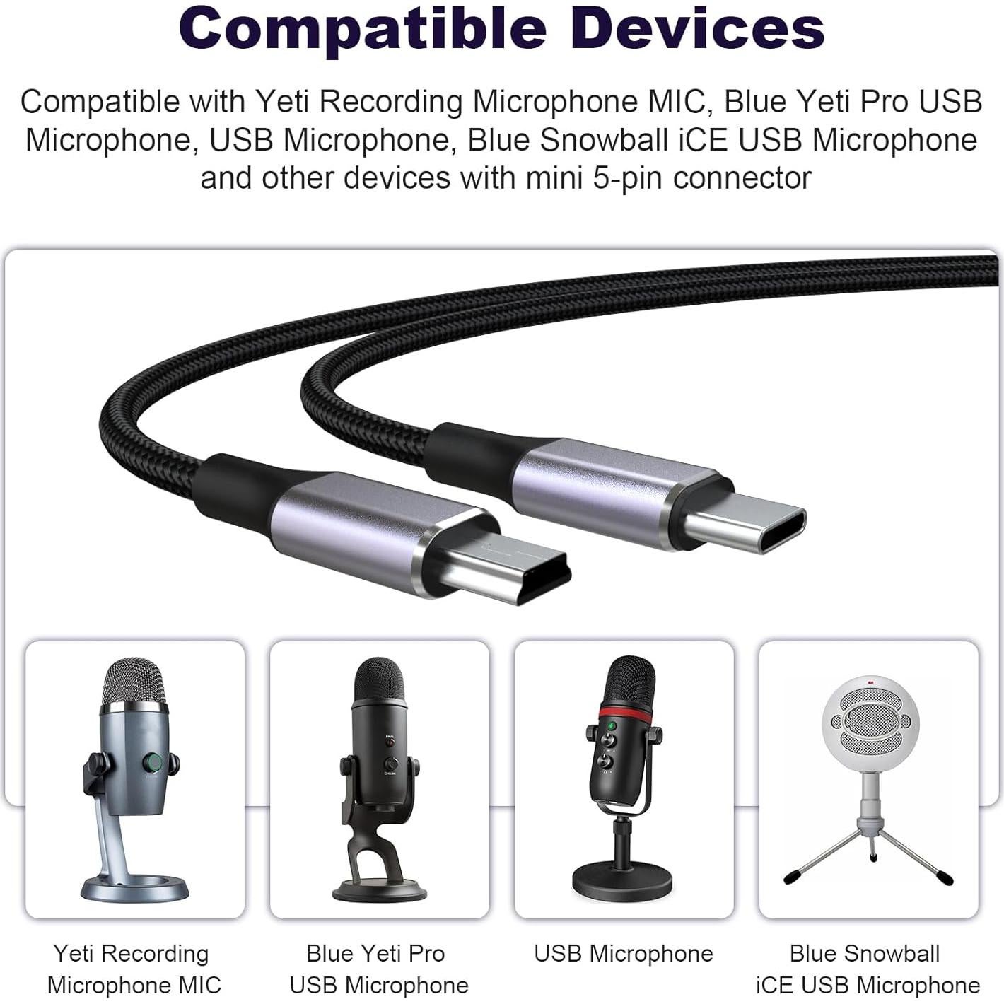 Cable USB C a Mini USB 1m Sqrmekoko para Micrófonos Blue Yeti