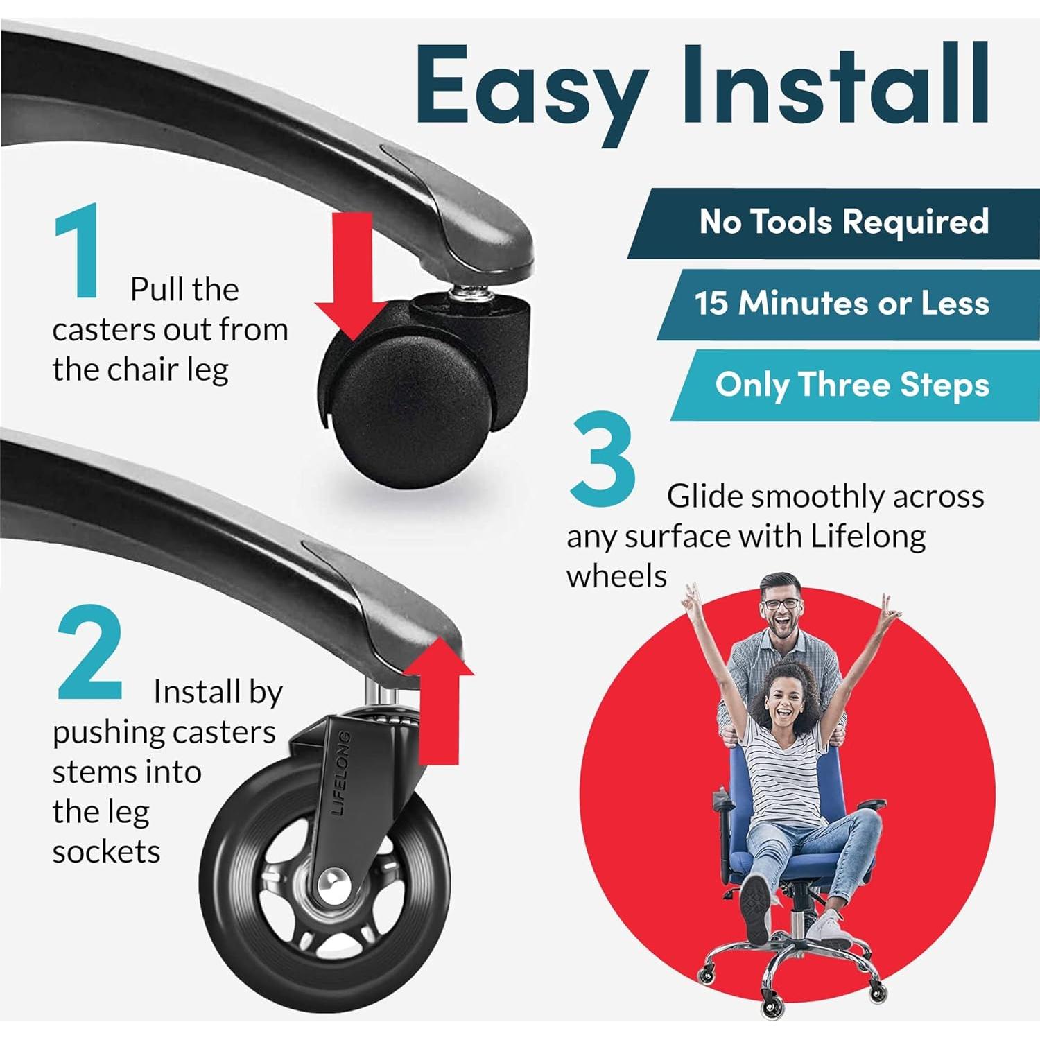 Ruedas de Silla de Oficina Lifelong 7.62cm Alta Resistencia Negro