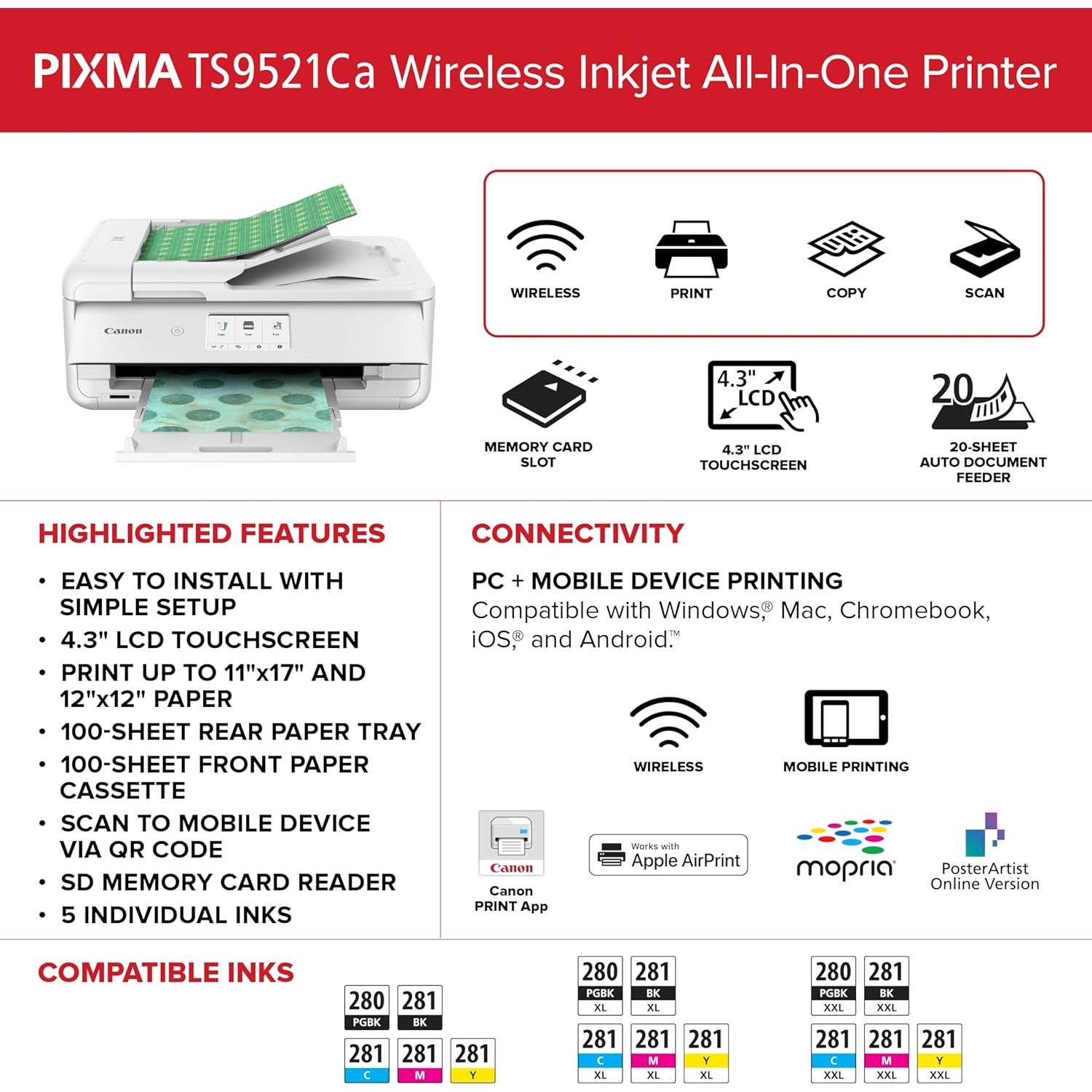 Impresora Inalámbrica Todo-en-Uno Canon PIXMA TS9521C