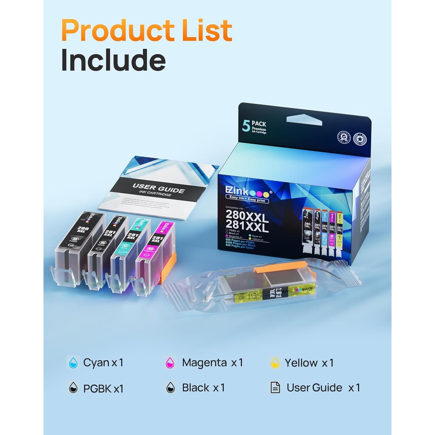 Cartuchos de tinta E-Z Ink para Canon PGI-280XXL CLI-281XXL - 5 Piezas