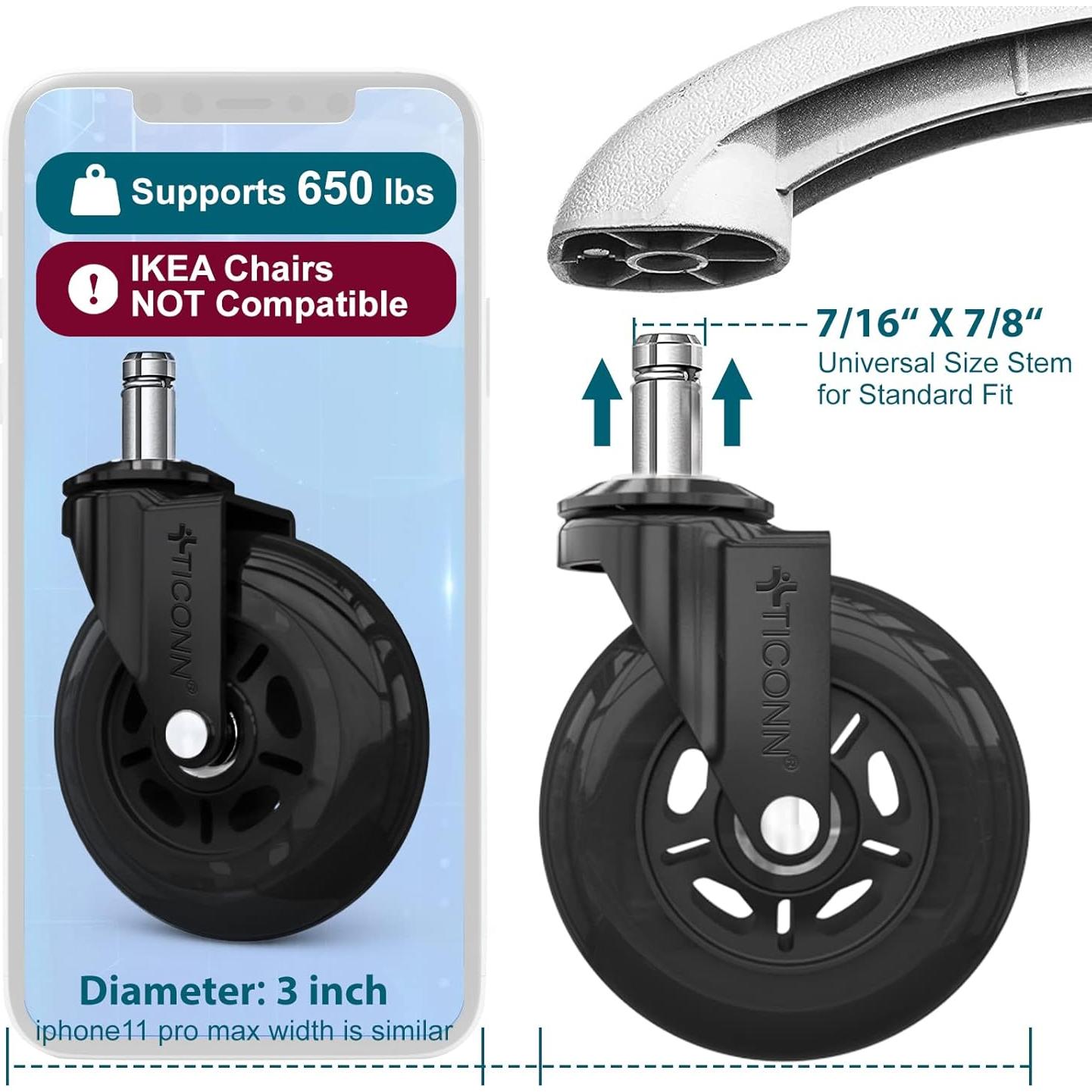 Juego de Ruedas para Sillas de Oficina TICONN 5 Unidades Negro