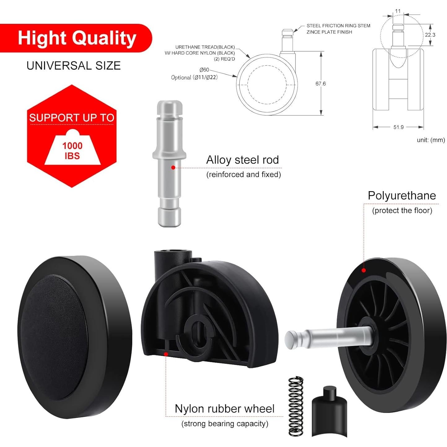 Ruedas de Reemplazo Herman Miller 60mm para Sillas Aeron - Juego de 5