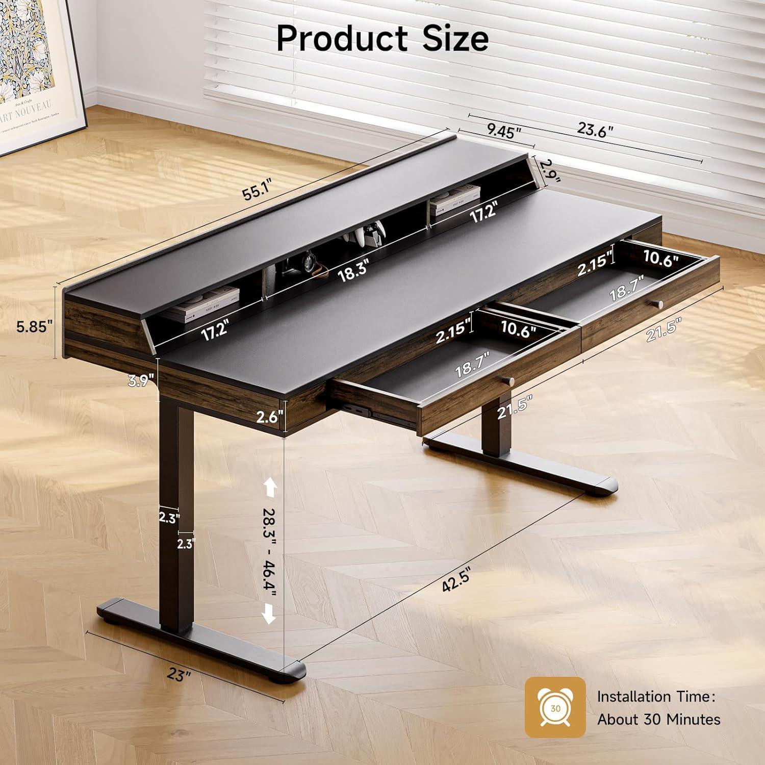 Standing Desk with Drawers, 55x23.6 Inch Electric Stand Up Desk with Storage Shelf and Memory Controller, Sit Stand Desk Adjustable Height from 28-46 Inches for Computer Workstation, Black