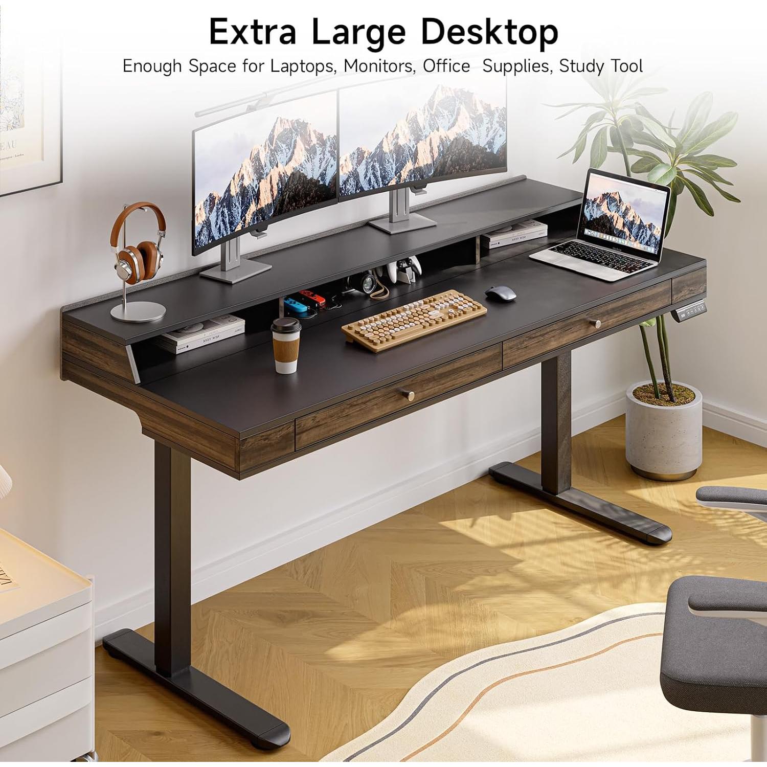 Standing Desk with Drawers, 55x23.6 Inch Electric Stand Up Desk with Storage Shelf and Memory Controller, Sit Stand Desk Adjustable Height from 28-46 Inches for Computer Workstation, Black