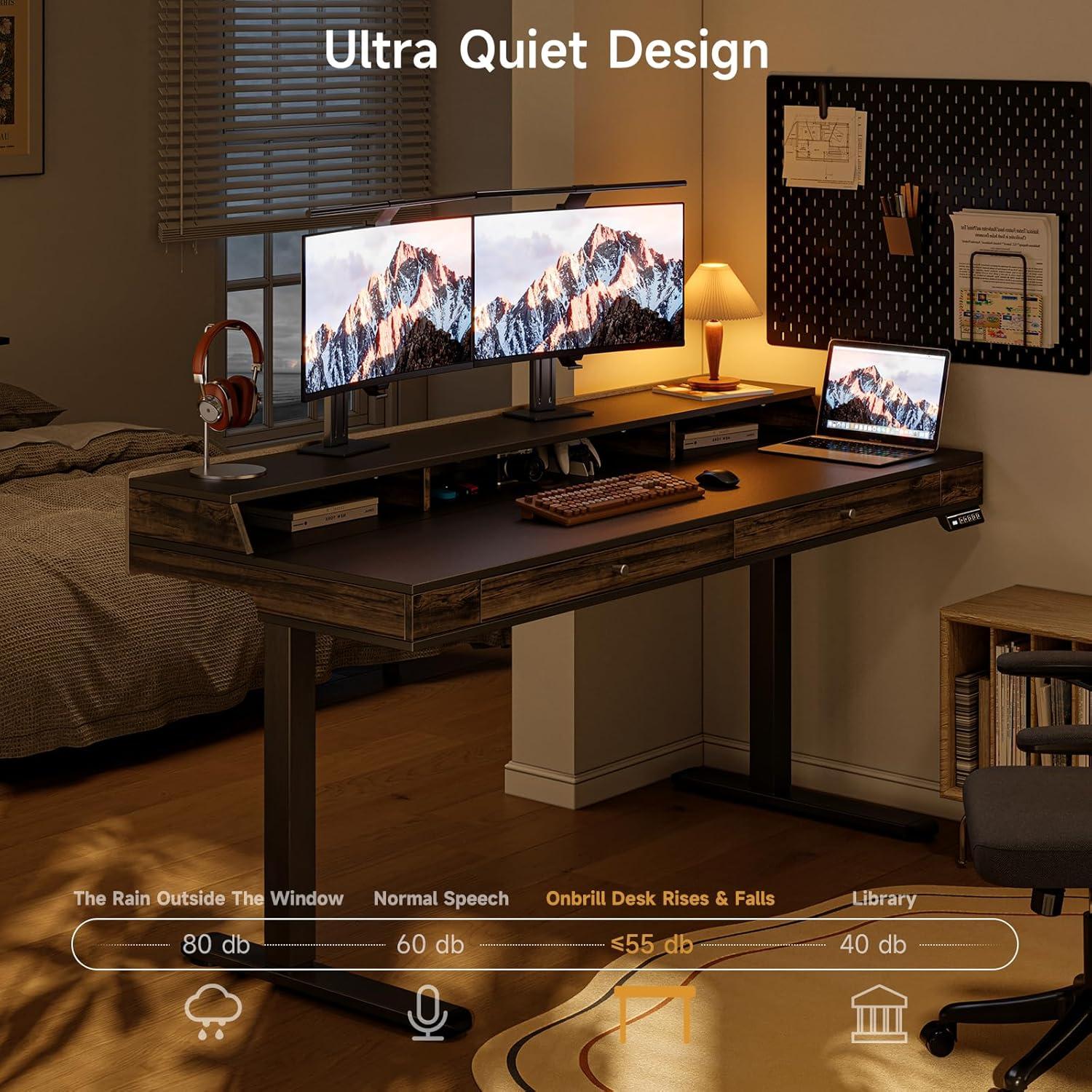 Standing Desk with Drawers, 55x23.6 Inch Electric Stand Up Desk with Storage Shelf and Memory Controller, Sit Stand Desk Adjustable Height from 28-46 Inches for Computer Workstation, Black