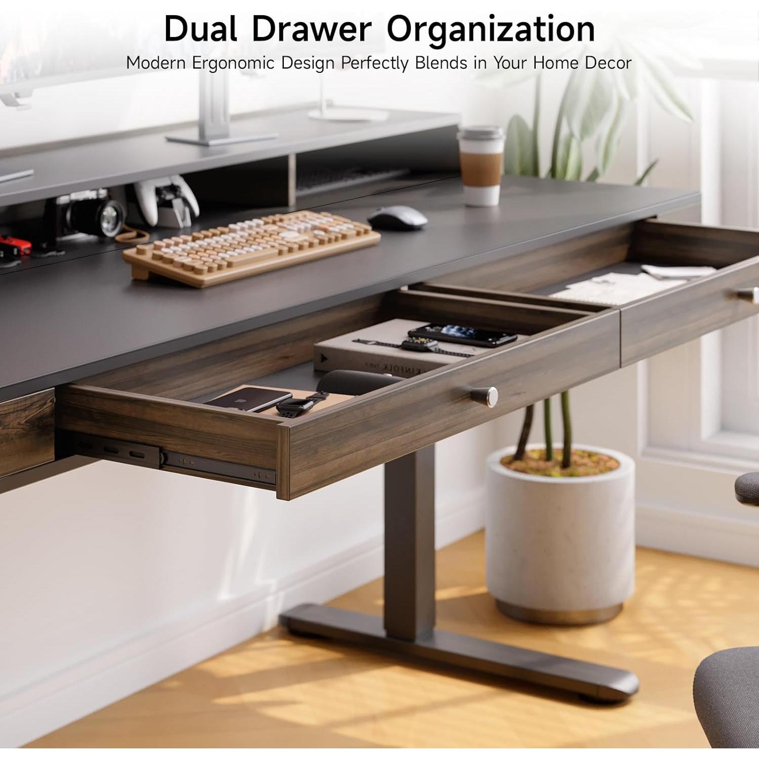 Standing Desk with Drawers, 55x23.6 Inch Electric Stand Up Desk with Storage Shelf and Memory Controller, Sit Stand Desk Adjustable Height from 28-46 Inches for Computer Workstation, Black