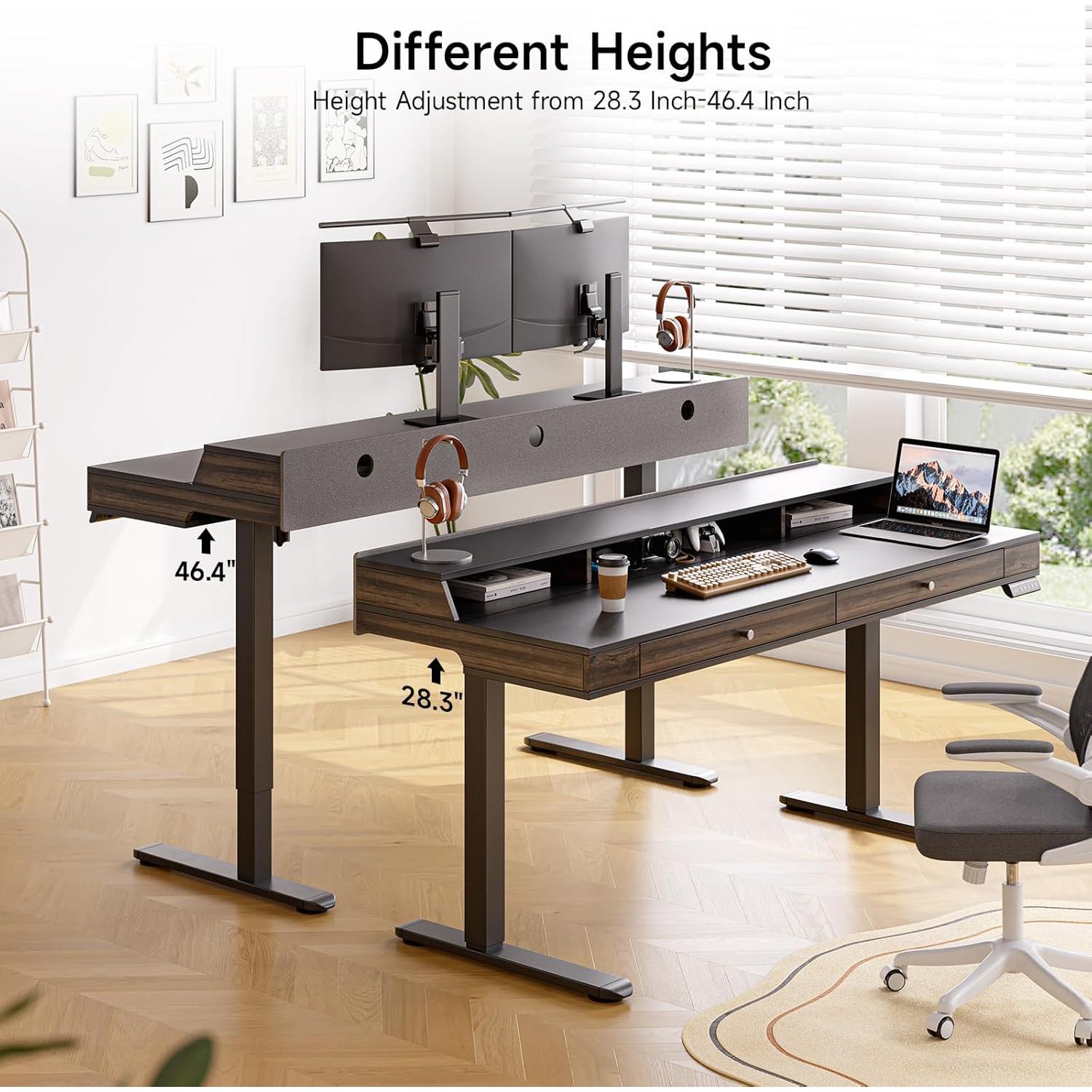Standing Desk with Drawers, 55x23.6 Inch Electric Stand Up Desk with Storage Shelf and Memory Controller, Sit Stand Desk Adjustable Height from 28-46 Inches for Computer Workstation, Black