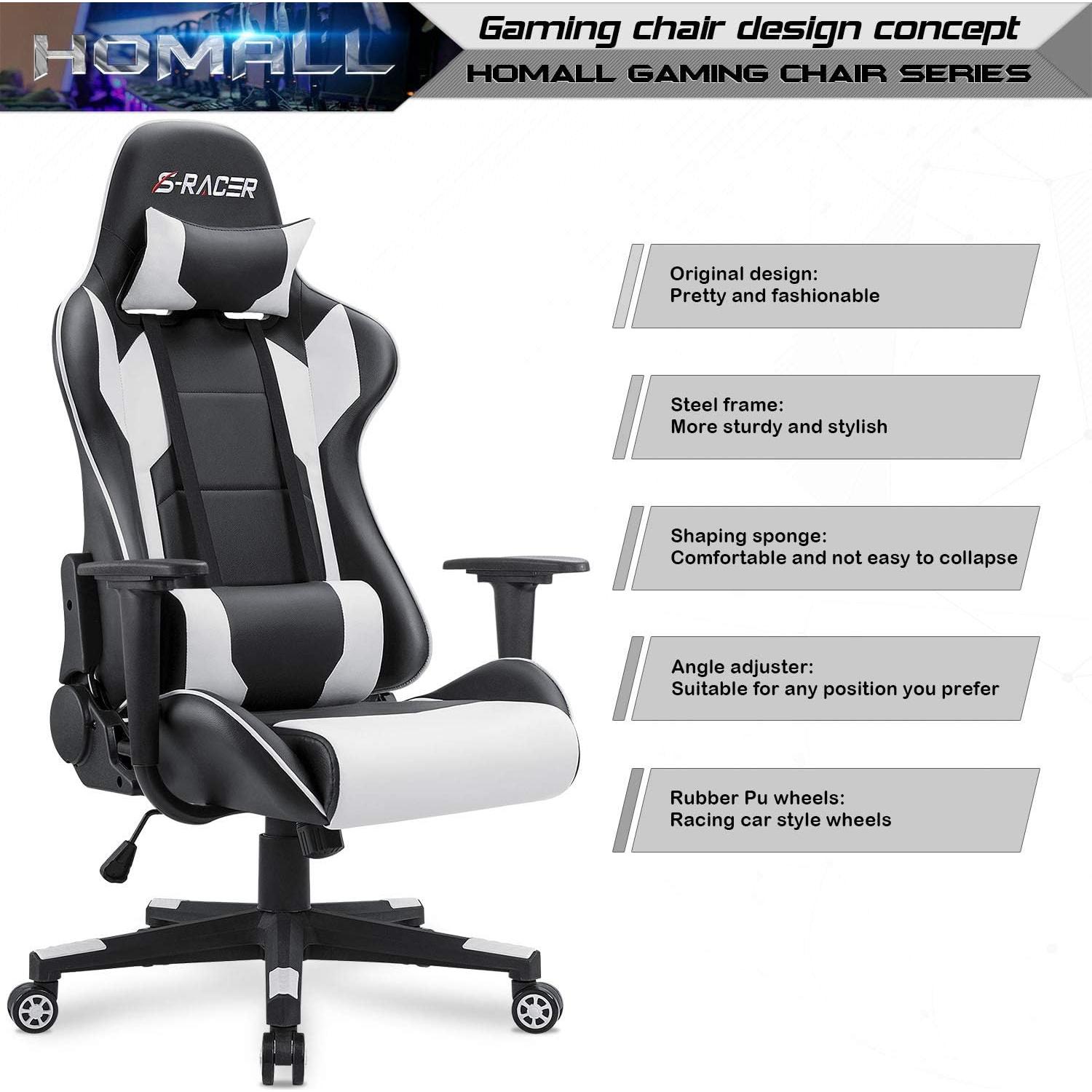 Silla Gaming Homall Ergonómica Ajustable Cuero Blanco