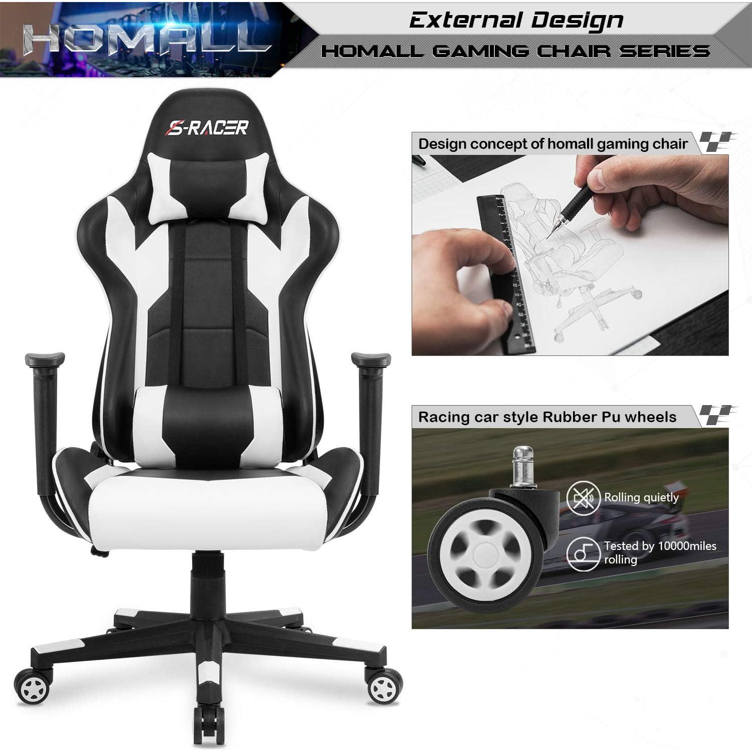 Silla Gaming Homall Ergonómica Ajustable Cuero Blanco