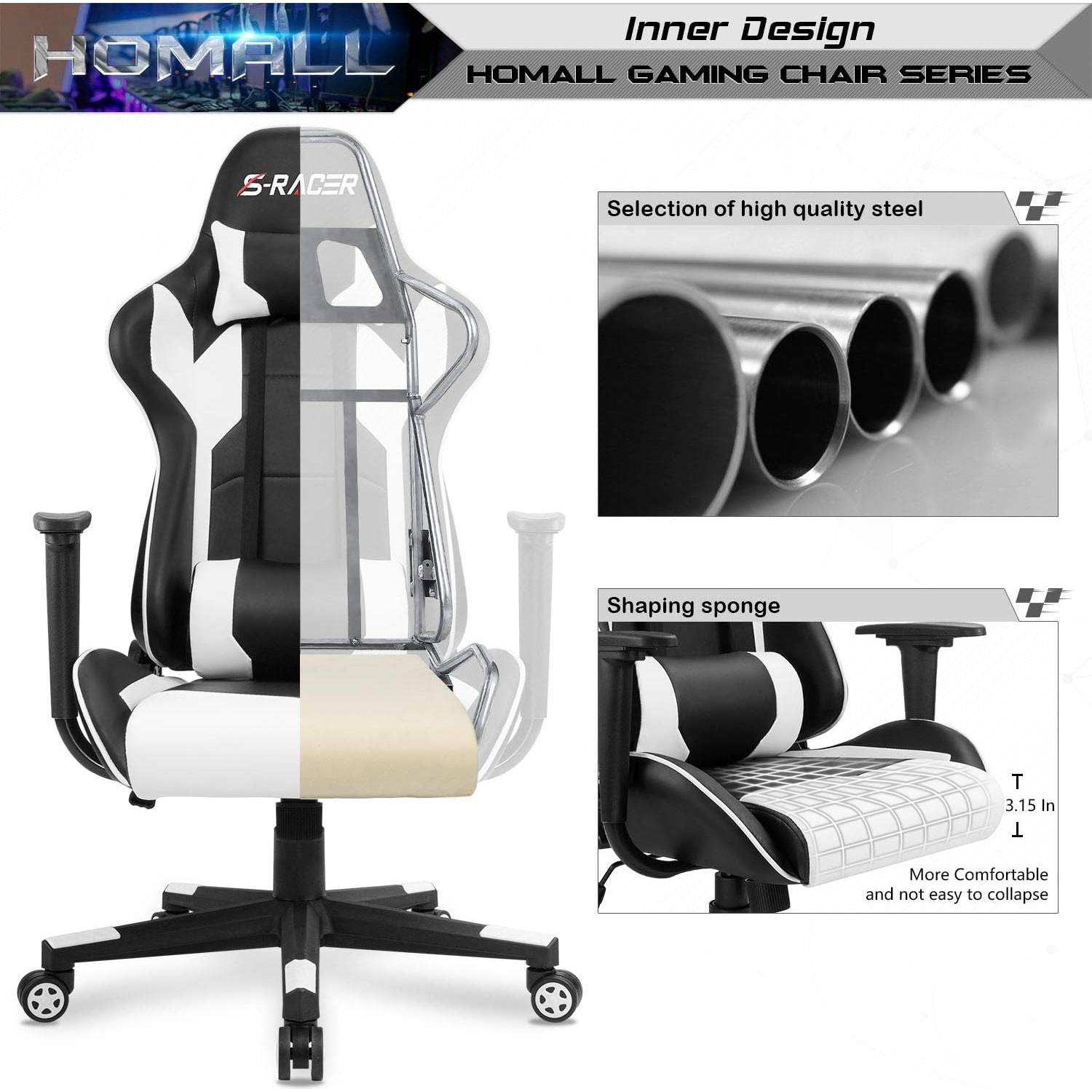 Silla Gaming Homall Ergonómica Ajustable Cuero Blanco