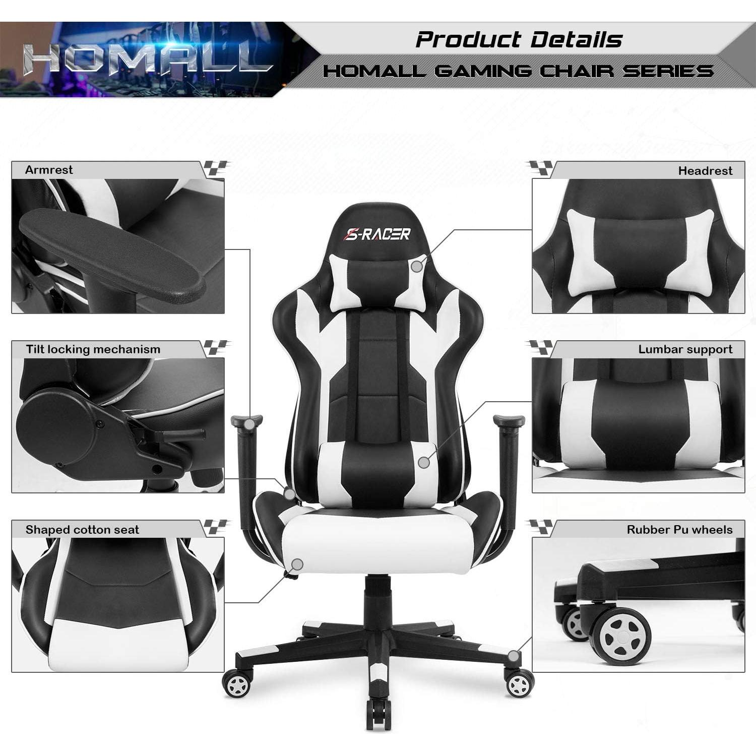 Silla Gaming Homall Ergonómica Ajustable Cuero Blanco