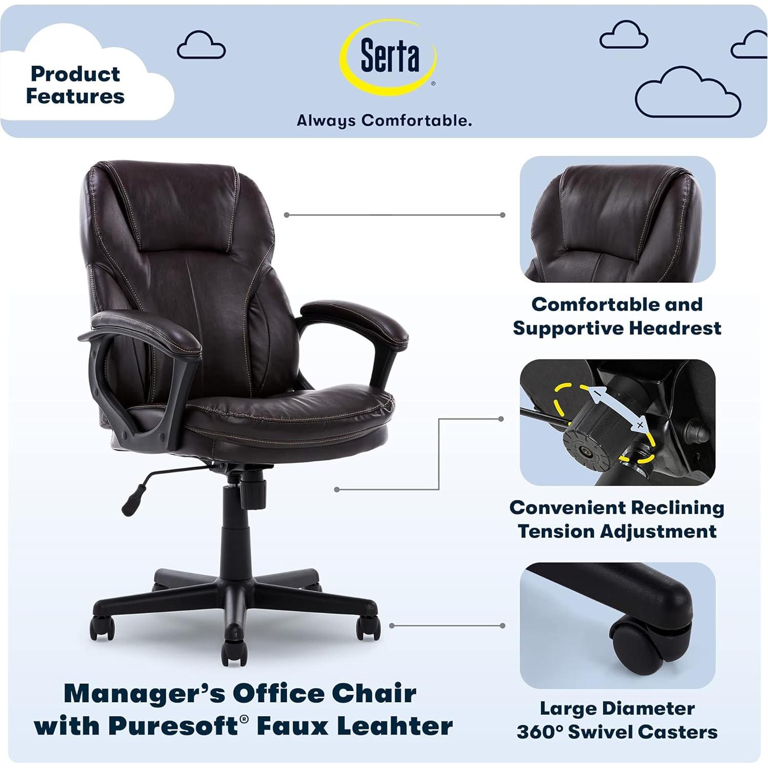 Silla de Oficina Serta Manager Ergonómica Cuero Sintético Marrón