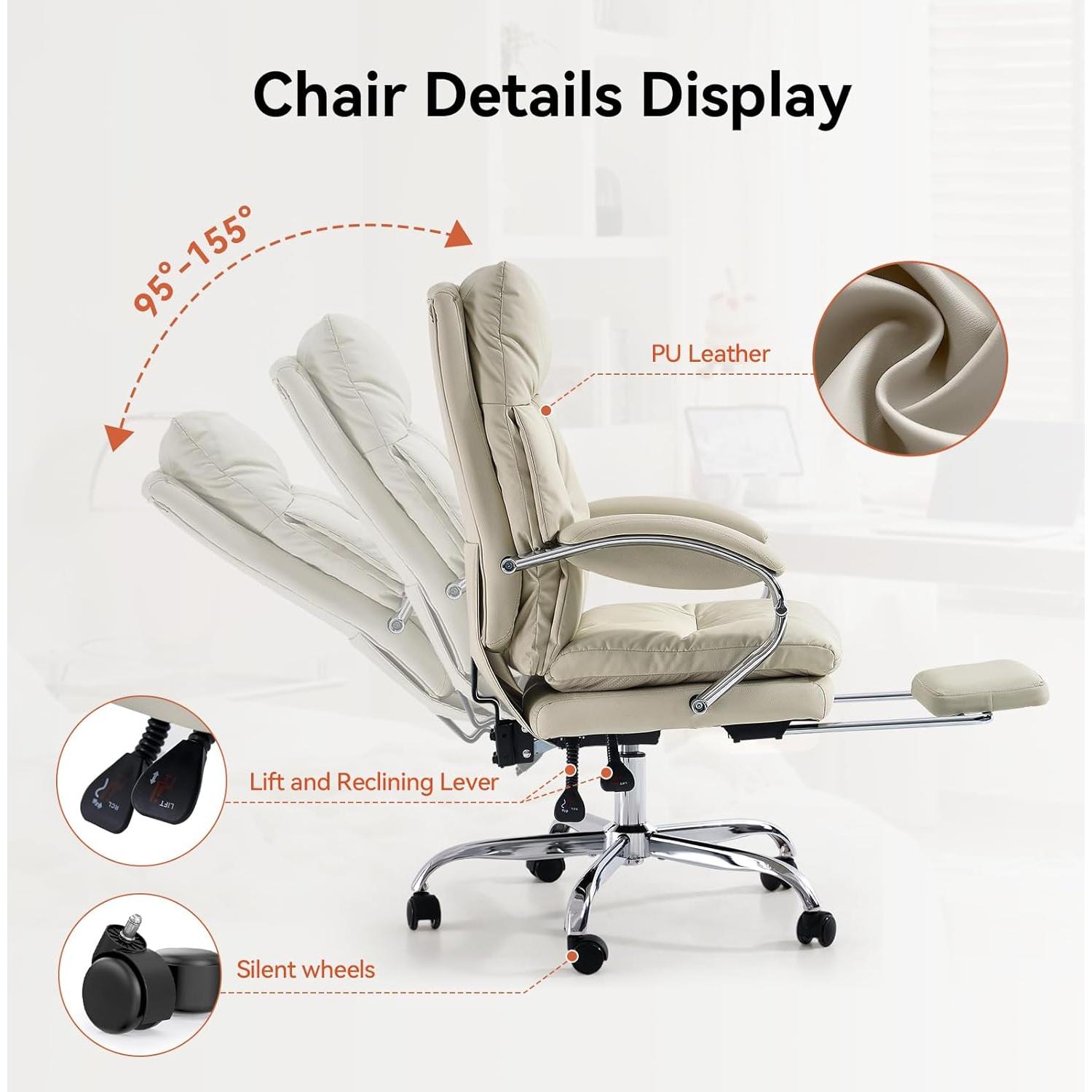 Silla de Oficina LEAGOO YMX-C570 Ergonómica con Reposapiés Crema