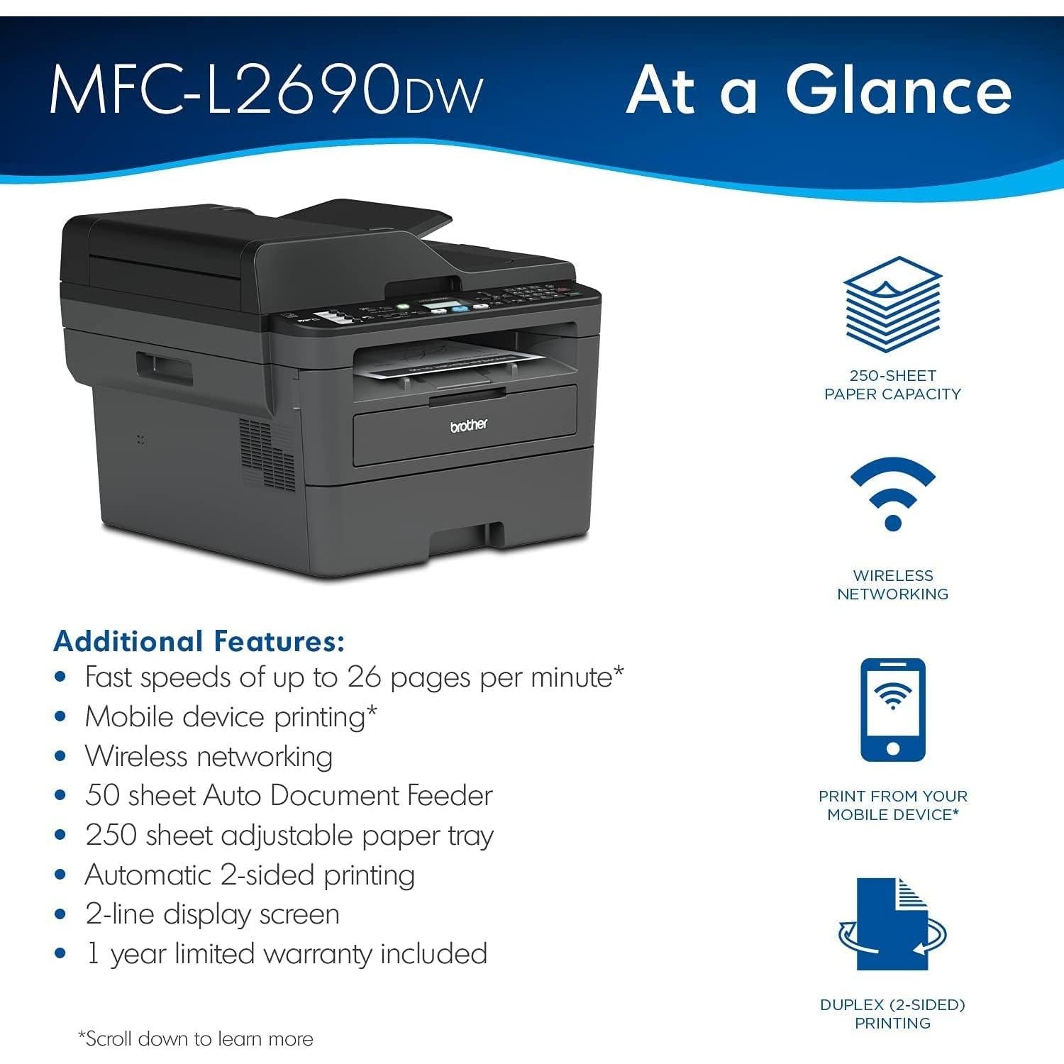 Impresora Láser Multifuncional Brother MFC-L26, 2400x600 dpi, Wi-Fi