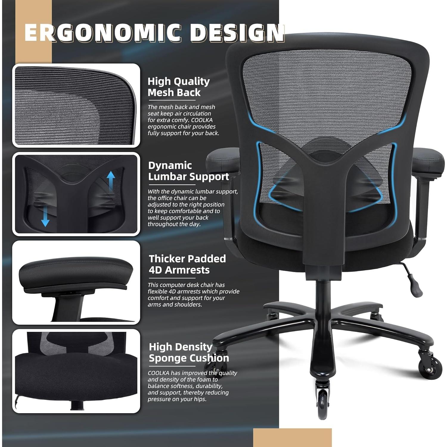 Silla de Oficina Ergonómica Coolka Negra 500lbs Ajustable