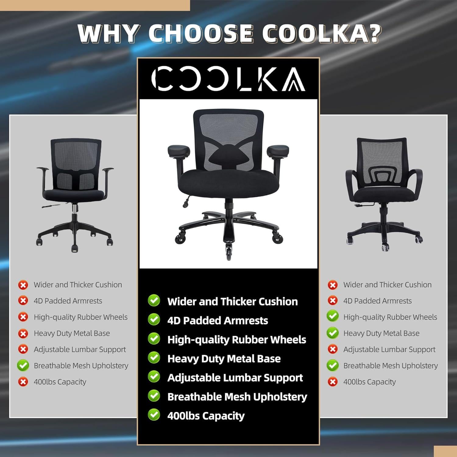 Silla de Oficina Ergonómica Coolka Negra 500lbs Ajustable