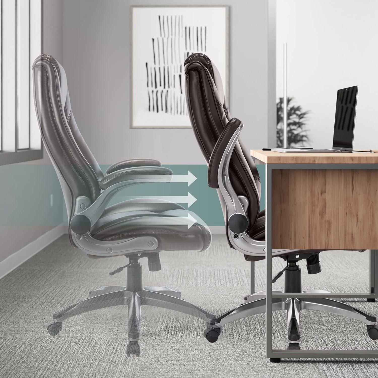 Silla Ejecutiva Ergonómica MALOL de Cuero Marrón con Brazos Plegables