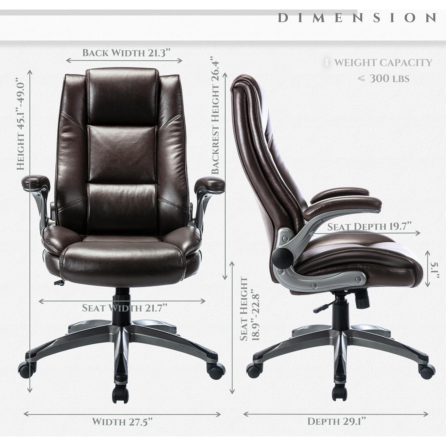 Silla Ejecutiva Ergonómica MALOL de Cuero Marrón con Brazos Plegables