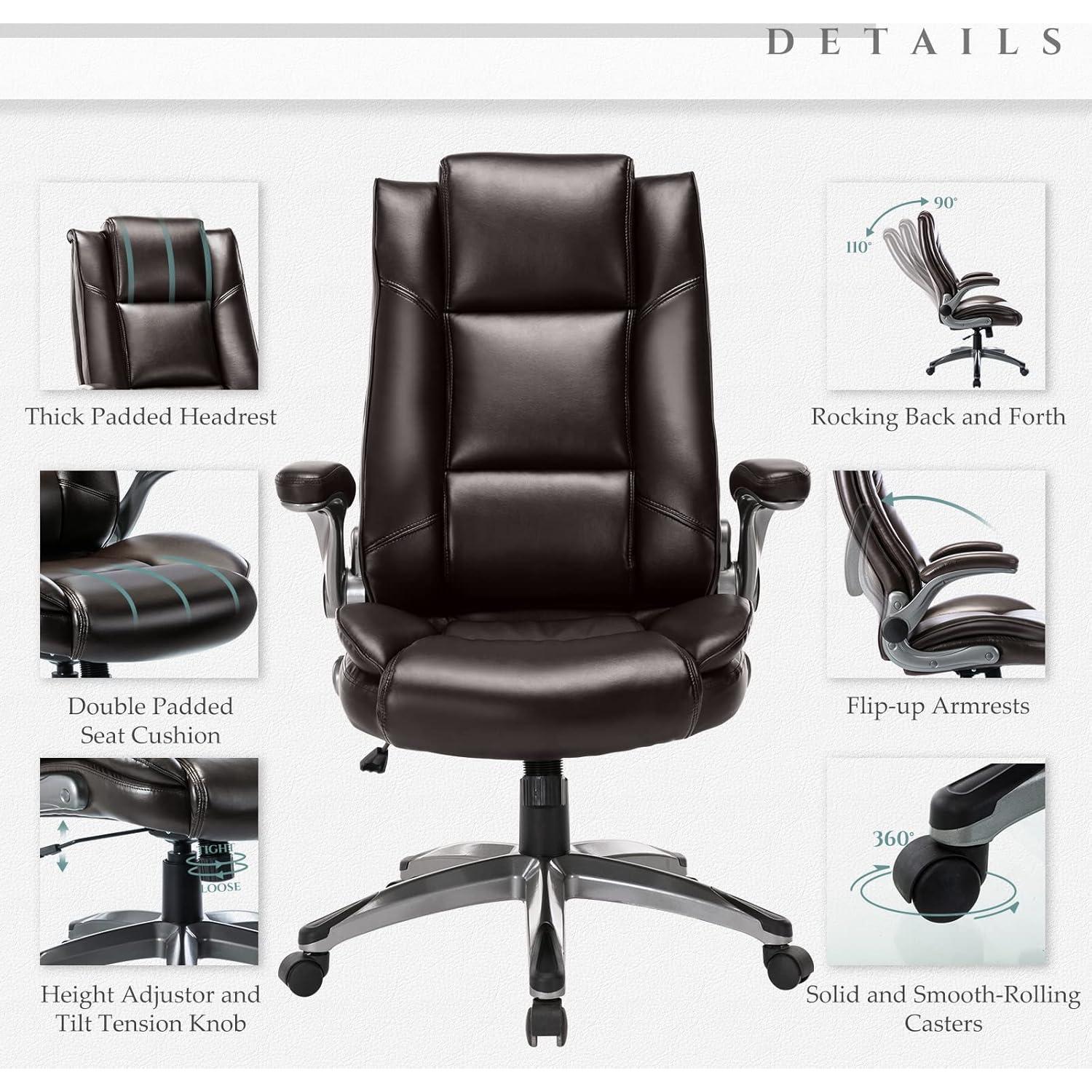 Silla Ejecutiva Ergonómica MALOL de Cuero Marrón con Brazos Plegables