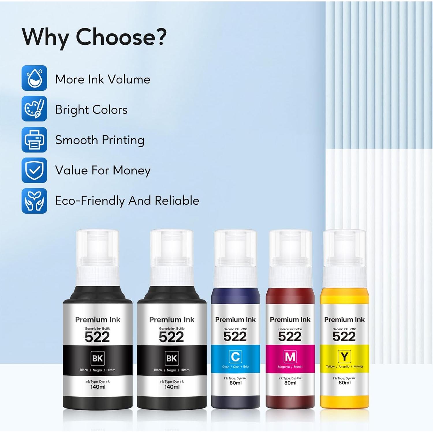 Botellas de Recarga de Tinta KOTANG 522 Alta Capacidad 5 Unidades