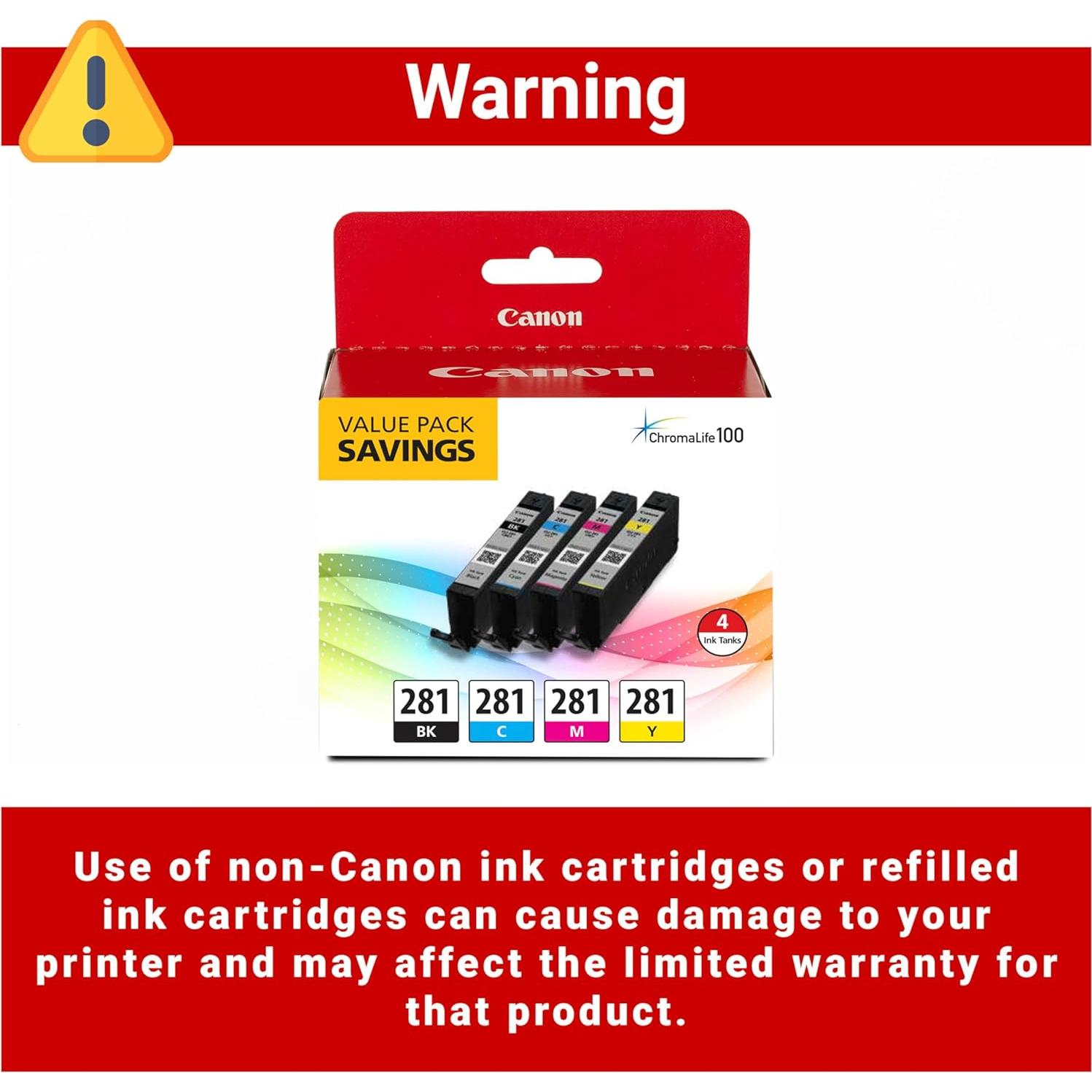 Paquete de 4 Tintas Canon CLI-281 Negro, Cian, Magenta, Amarillo