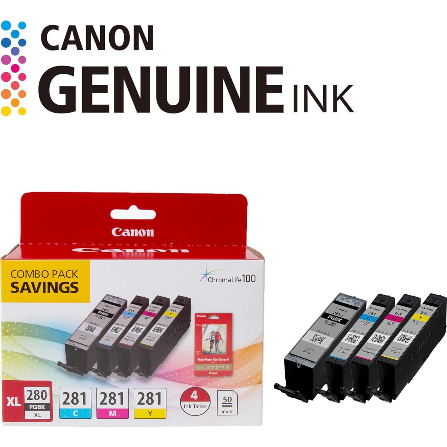 Paquete Tinta Canon PGI-280XL CLI-281 + Papel Fotográfico 50 Hojas