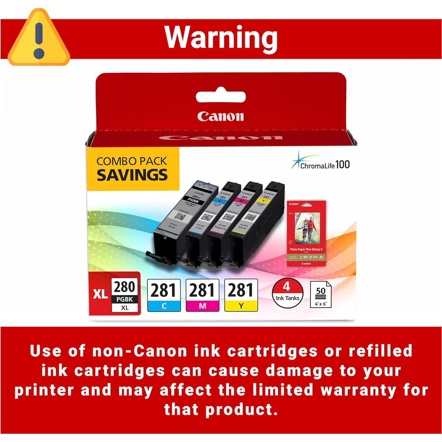 Paquete Tinta Canon PGI-280XL CLI-281 + Papel Fotográfico 50 Hojas