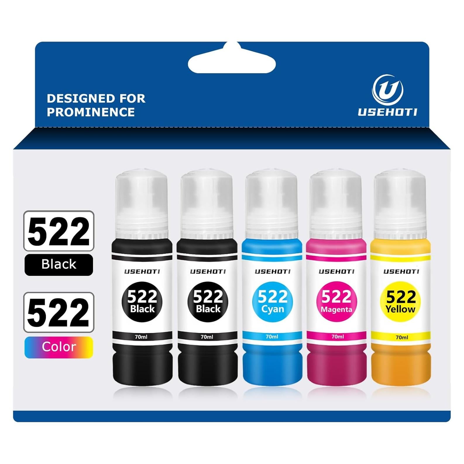 Botellas de Tinta de Recarga 522 USEHOTI para Impresoras ET-2720, 2800, 4800 - 5 Botellas